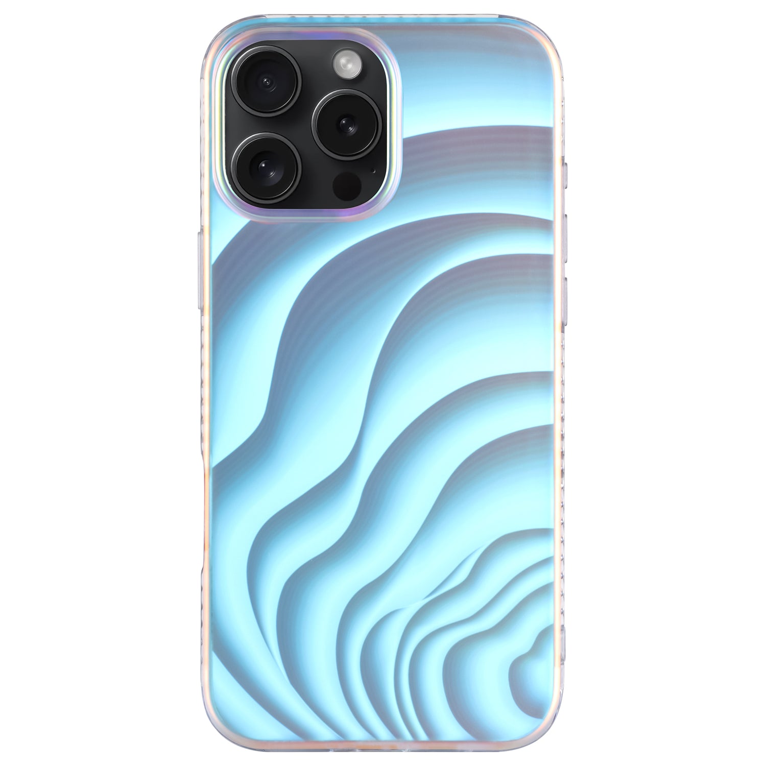 Die arktis iPhone 16 Pro Hülle „Pearl“ von arktis ist eine klare TPU-Silikonhülle mit einem auffälligen blauen, abstrakten, wellenförmigen Muster im Perlmutt-Stil auf der Rückseite.