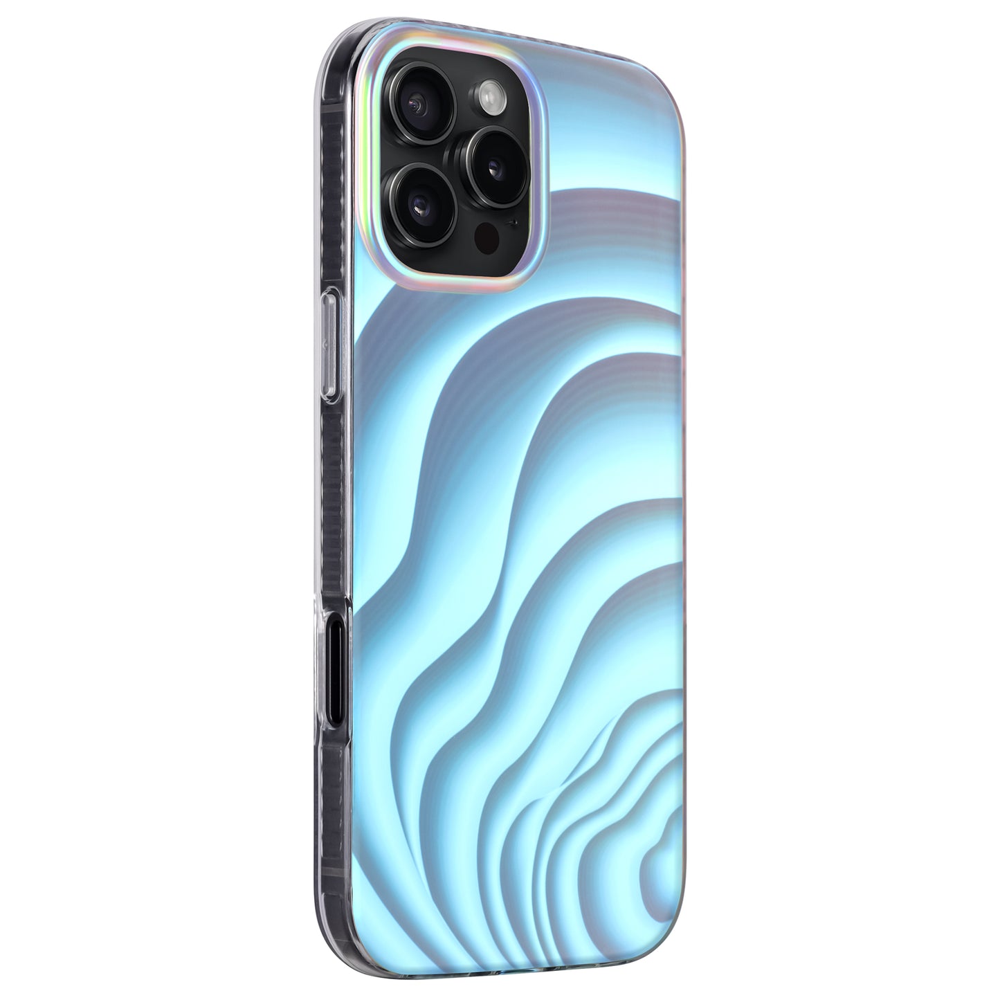 Die arktis iPhone 16 Pro Hülle „Pearl“ verfügt über ein blaues, wellenförmiges abstraktes Muster im Perlmutt-Stil und passt für iPhones mit drei rückseitigen Kameraobjektiven.