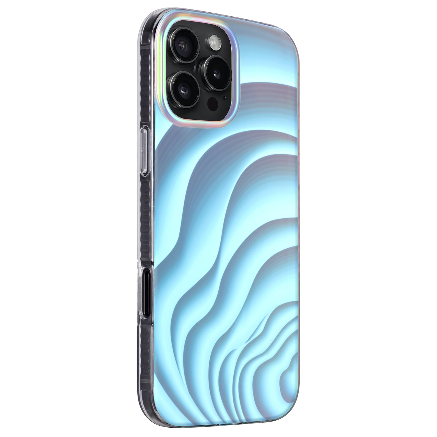 Die arktis iPhone 16 Pro Hülle „Pearl“ verfügt über ein blaues, wellenförmiges abstraktes Muster im Perlmutt-Stil und passt für iPhones mit drei rückseitigen Kameraobjektiven.