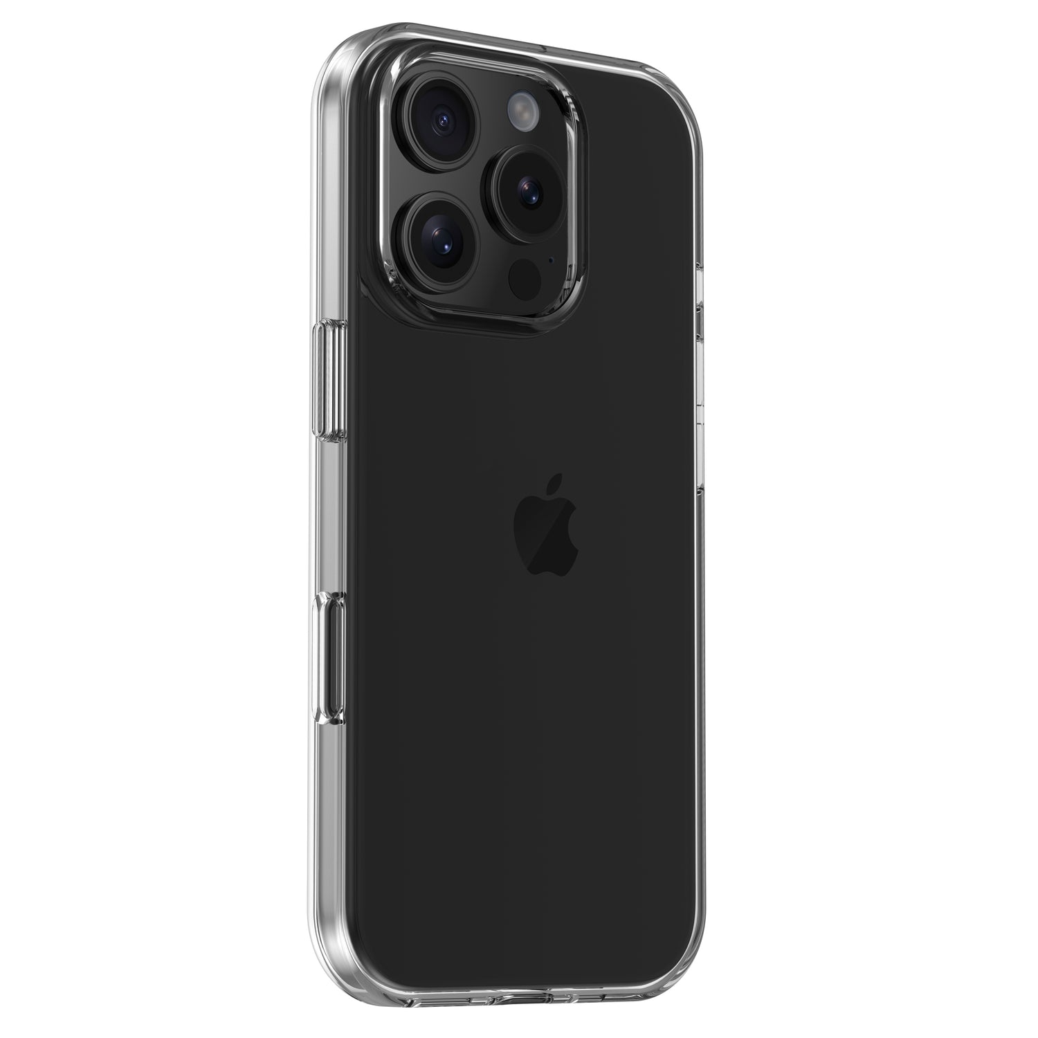 Das arktis iPhone 16 Pro Air Case, eine transparente TPU-Silikonhülle von arktis, wird auf einem schwarzen iPhone 16 Pro mit drei Rückkameras und sichtbarem Apple-Logo gezeigt, das aufrecht vor einem weißen Hintergrund steht.