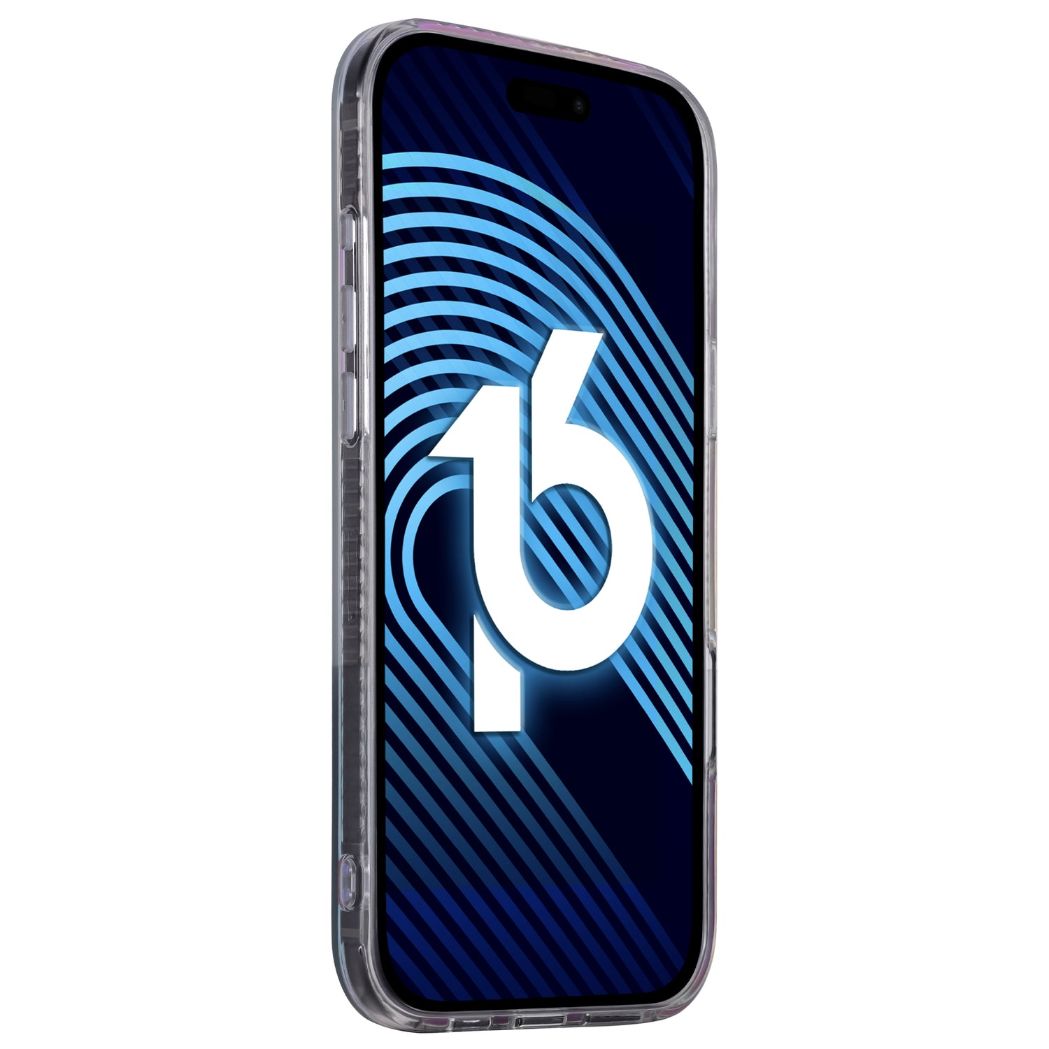 Die arktis iPhone 16 Hülle „Pearl“ von arktis schützt ein Smartphone mit dunkelblauem Display, das eine weiße 16 und abstrakte blaue geschwungene Linien zeigt, im stylischen TPU-Silikon Perlmutt-Style.