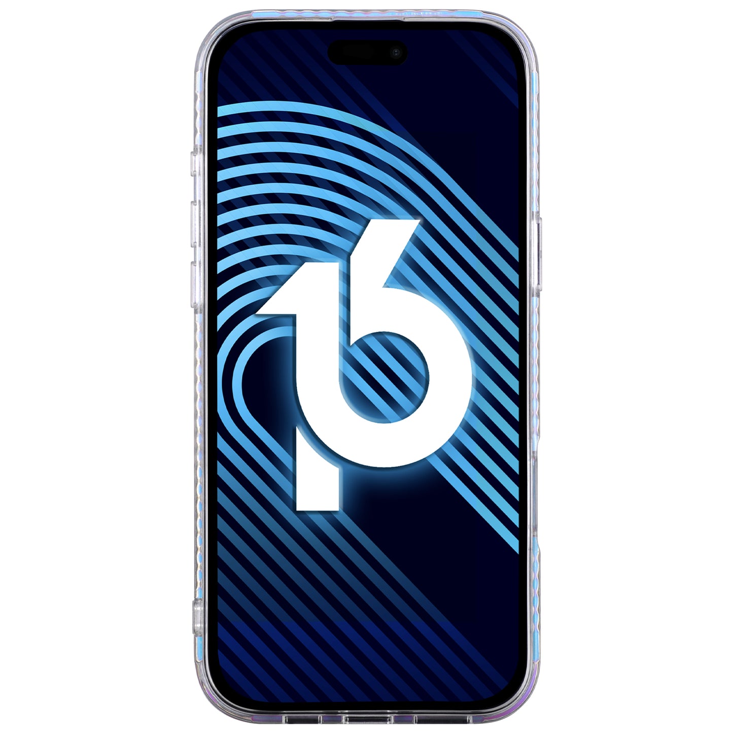Ein Smartphone mit der Zahl 16 auf blau gestreiftem Hintergrund unterstreicht den eleganten Perlmutt-Style der arktis iPhone 16 Pro Hülle „Pearl“ von arktis.