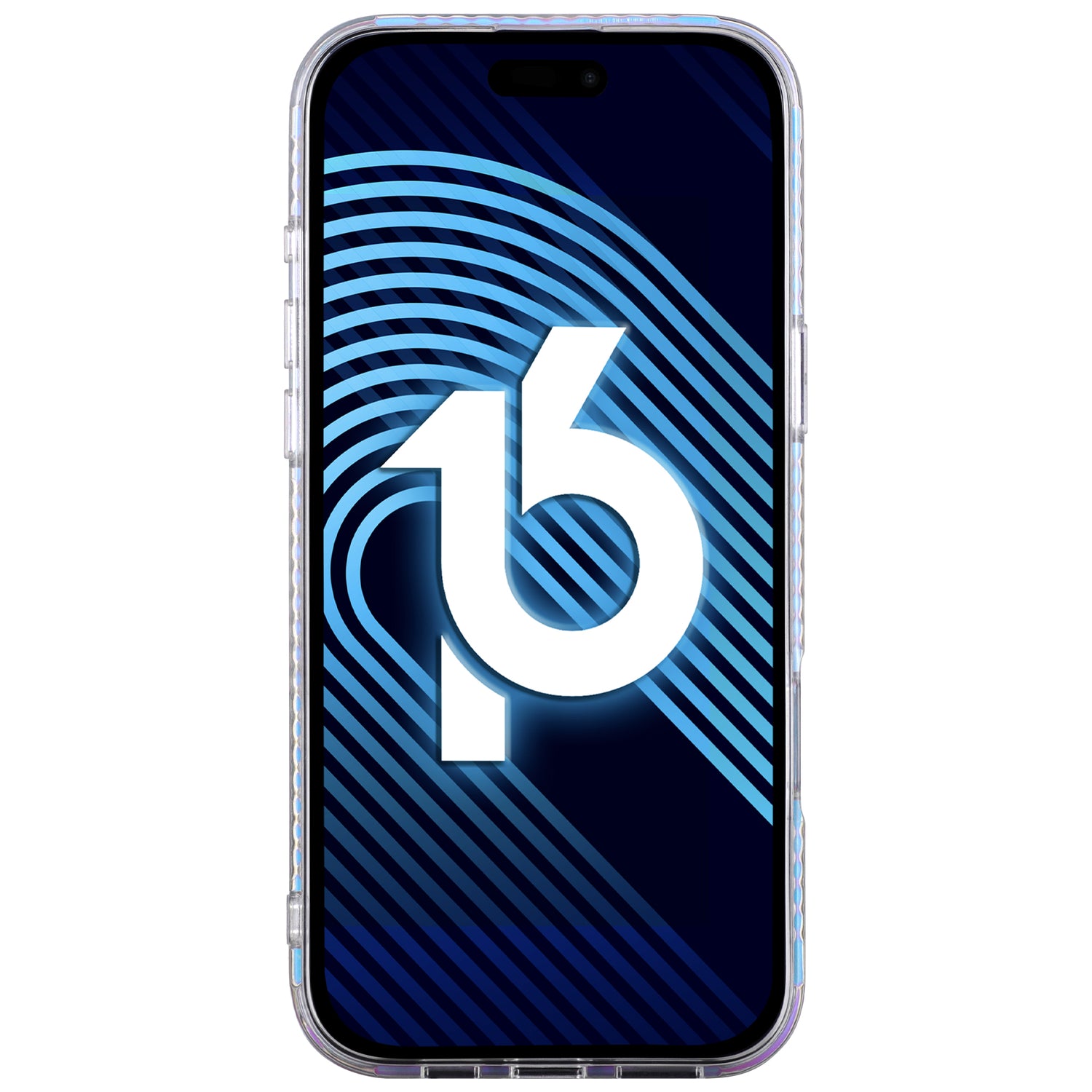 Ein Smartphone mit der Zahl 16 auf blau gestreiftem Hintergrund unterstreicht den eleganten Perlmutt-Style der arktis iPhone 16 Pro Hülle „Pearl“ von arktis.