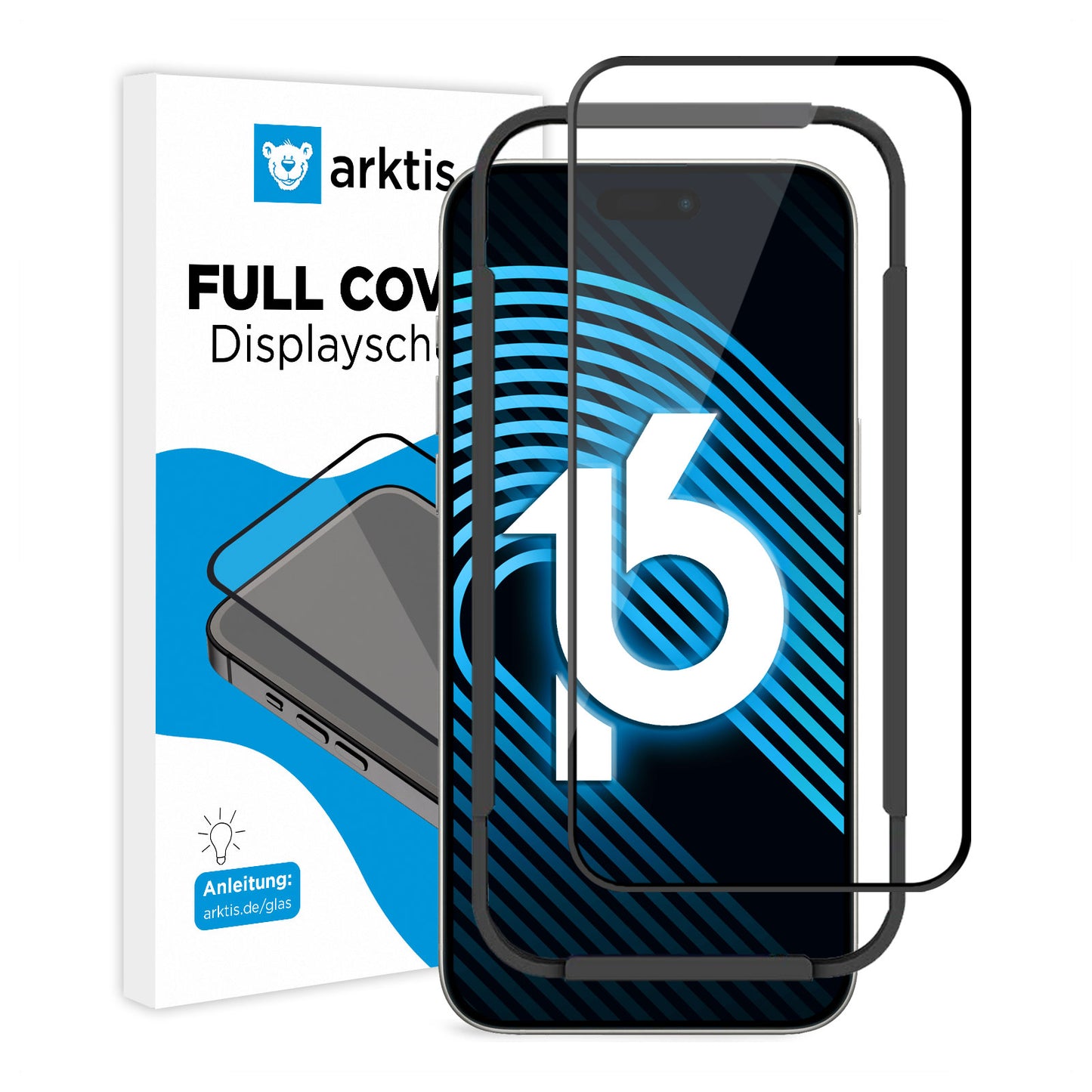 Zwei arktis iPhone 16 Plus Displayschutz GLAS Displayschutzfolien vor einem Smartphone, mit als hüllenfreundlich gekennzeichneter Verpackung und aus kratzfestem Glas für optimalen Displayschutz.