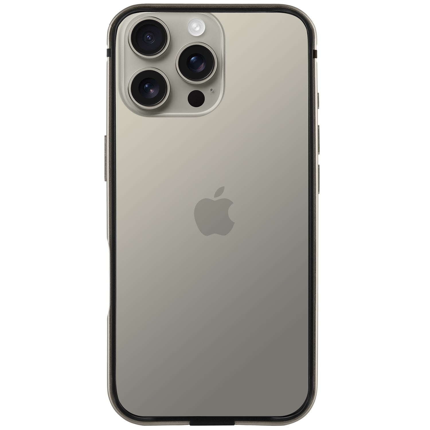 Eine Rückansicht des metallischen iPhone 16 Pro von arktis mit Dreifachkamera, Blitz und Apple-Logo, geschützt durch den transparenten arktis iPhone 16 Pro Bumper. Der Bumper ist stoßabsorbierend und unterstützt kabelloses Laden.
