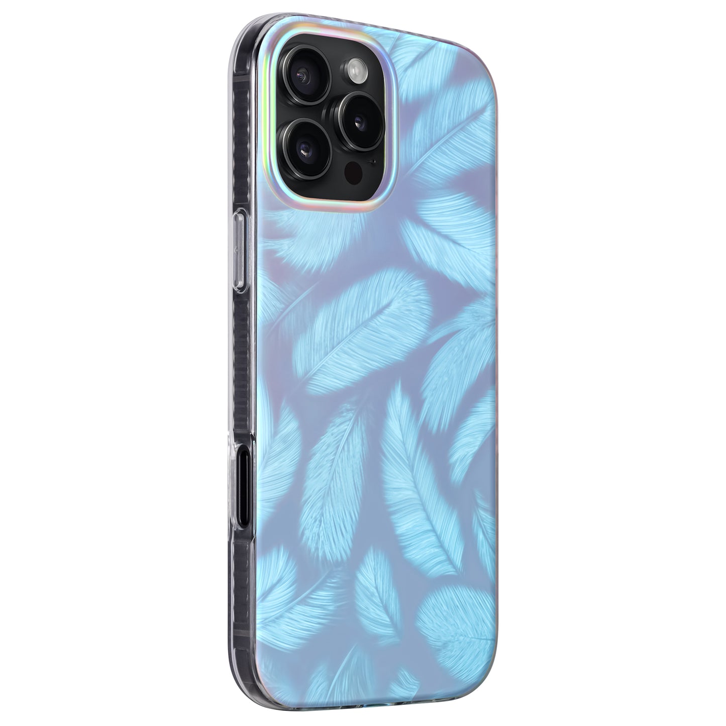 Die arktis iPhone 16 Pro Hülle "Pearl" ist eine klare TPU-Silikonhülle mit blauem Federmuster im eleganten Perlmutt-Stil, entworfen von arktis.