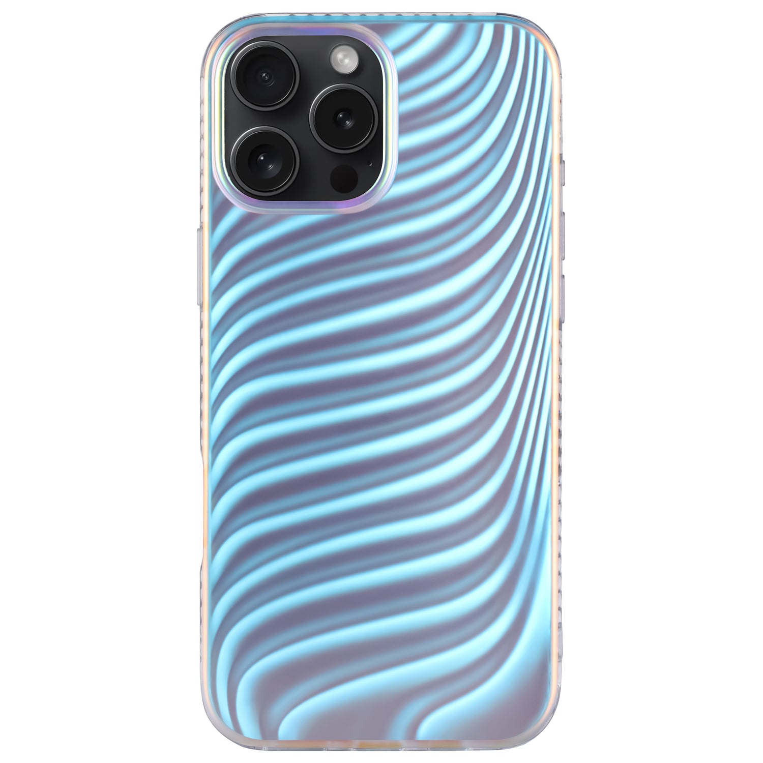 Eine arktis iPhone 16 Pro Hülle „Pearl“ von arktis verfügt über eine blaue, wellenförmige Hülle im Perlmutt-Stil, die für das iPhone 16 Pro mit drei Kameraobjektiven auf der Rückseite entwickelt wurde.