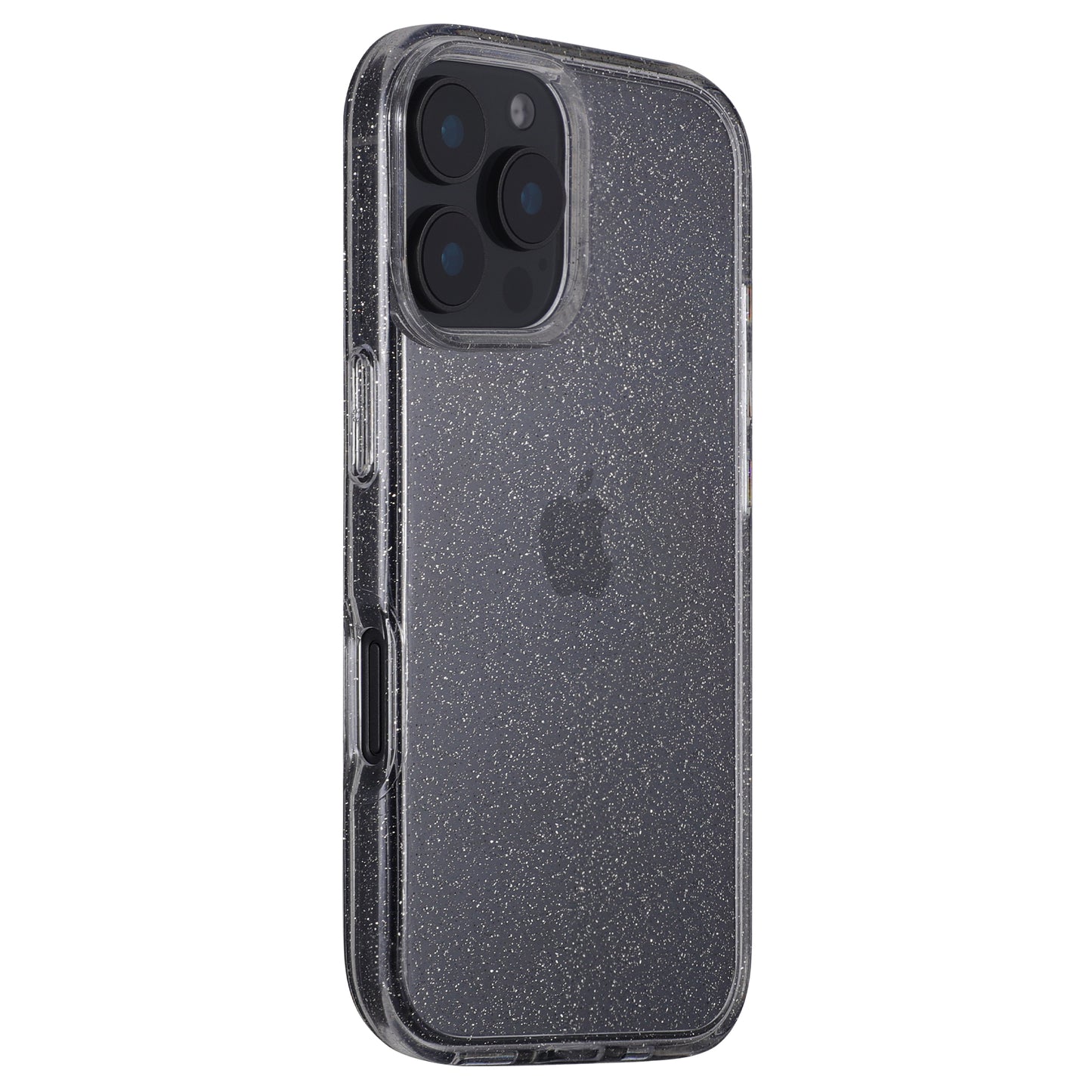 Das arktis iPhone 17 Air Glitter Case, eine transparente Hülle mit Glitzer, ist auf einem iPhone 17 Air mit drei Rückkameras abgebildet. Das Apple-Logo scheint durch, während das Gerät aufrecht vor einem schlichten weißen Hintergrund steht.