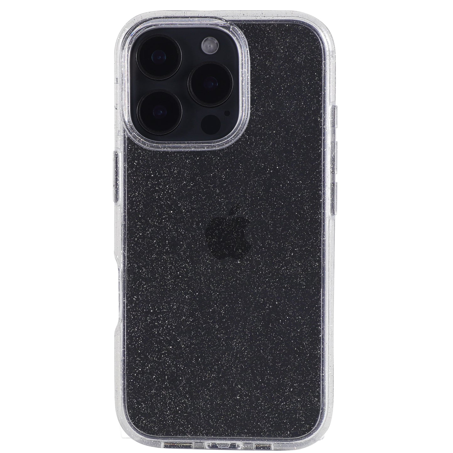 Das arktis iPhone 17 Pro Max Glitter Case von arktis zeigt ein schwarzes iPhone 17 Pro Max mit drei Kameras auf der Rückseite. Das transparente Glitzer-Case lässt das Apple-Logo durchscheinen. Das Handy ist von der Rückseite auf weißem Hintergrund abgebildet.