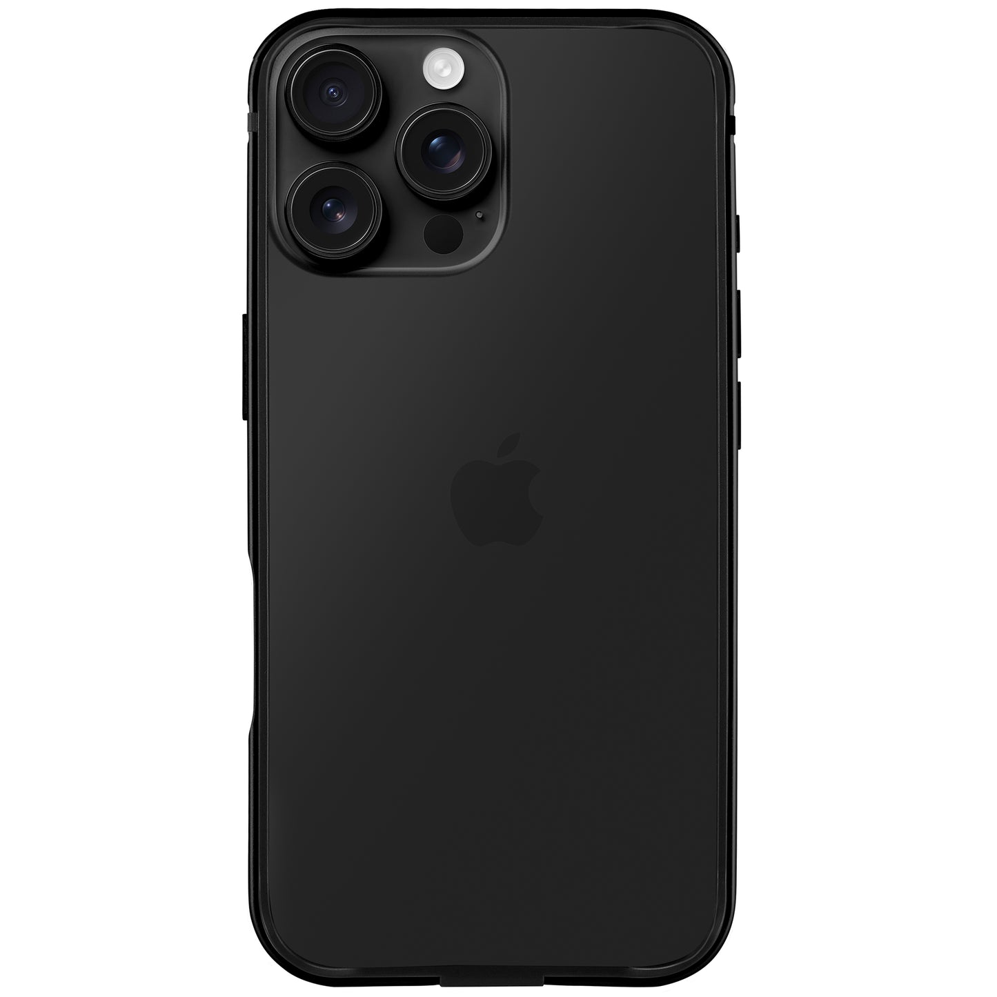 Ein schwarzes iPhone mit drei rückwärtigen Kameras und Apple-Logo, von hinten auf weiß, wird durch den ultraleichten arktis iPhone Air Bumper aus stoßabsorbierendem TPU-Silikon geschützt.