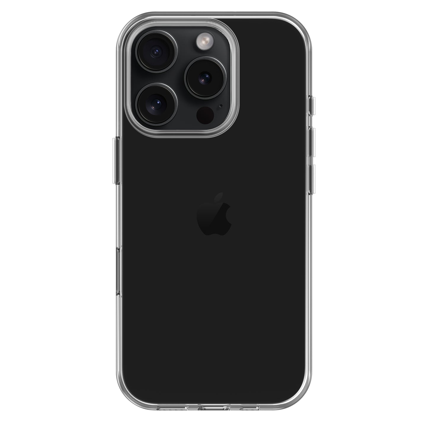 Ein schwarzes iPhone 16 Pro mit dreifacher Rückkamera und zentriertem Apple-Logo, dargestellt in einer transparenten arktis iPhone 16 Pro Air Hülle aus TPU-Silikon.