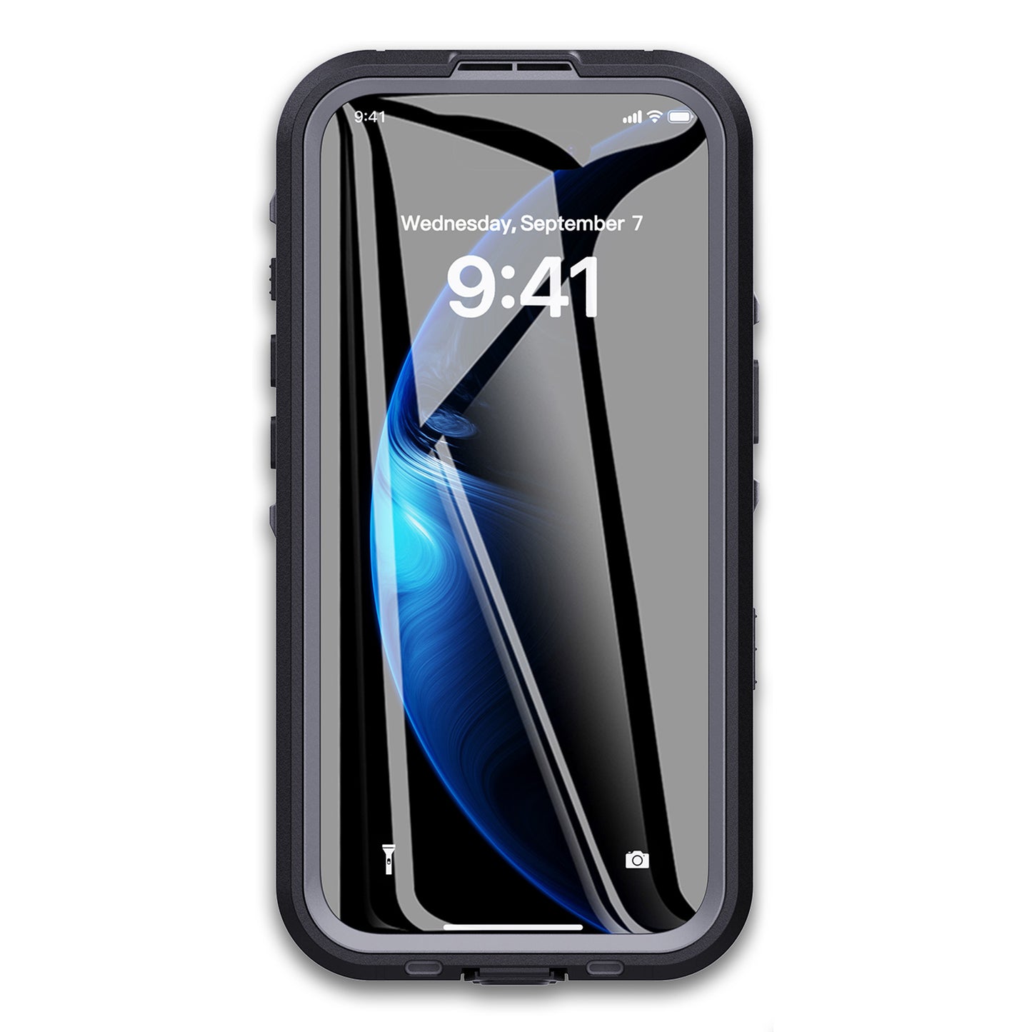 Das arktis iPhone 16 Pro Wasserdichtes Actioncase von arktis ist ein robustes, schwarzes, stoßfestes und wasserdichtes Case mit MagSafe-Kompatibilität. Das Telefon zeigt den Sperrbildschirm (Mittwoch, 7. September, 9:41 Uhr) und ein blaues abstraktes Hintergrundbild.