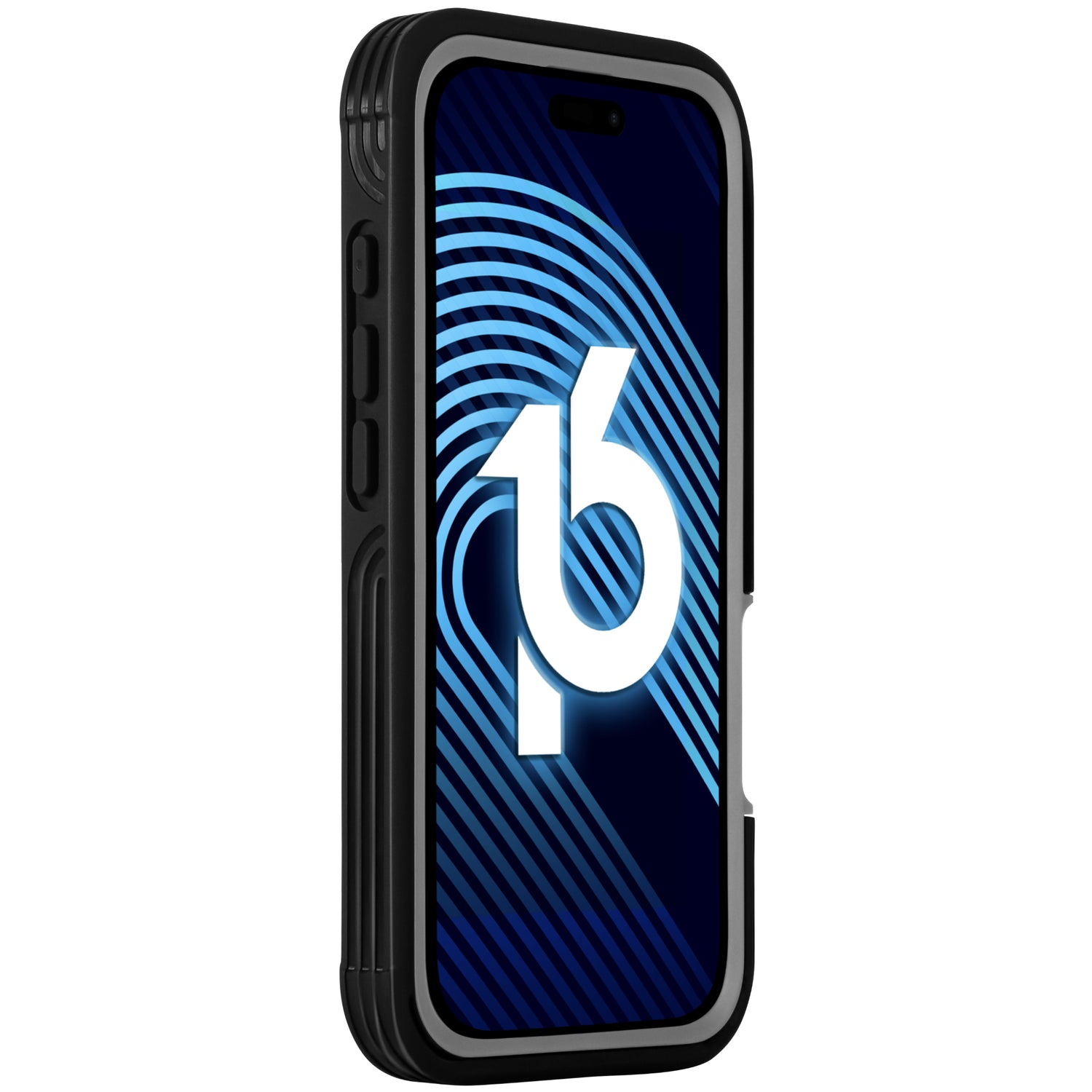 Das arktis iPhone 16 Pro Defender Case von arktis schützt Ihr schwarzes iPhone 16 Pro mit 360-Grad-Abdeckung und kombiniert ultimative Haltbarkeit mit robustem Schutz. Das blaue Display des Telefons zeigt eine stilisierte Zahl 16 mit geschwungenen Linien.