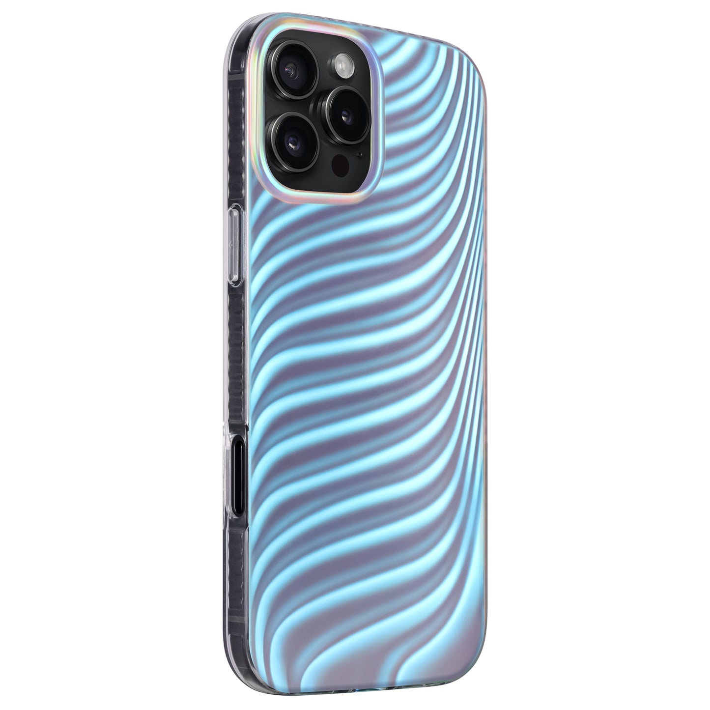 Die arktis iPhone 16 Pro Hülle „Pearl“ von arktis verfügt über ein blaues, wellenförmiges TPU-Silikon-Design im Perlmutt-Stil, das von hinten und leicht nach links geneigt dargestellt ist.