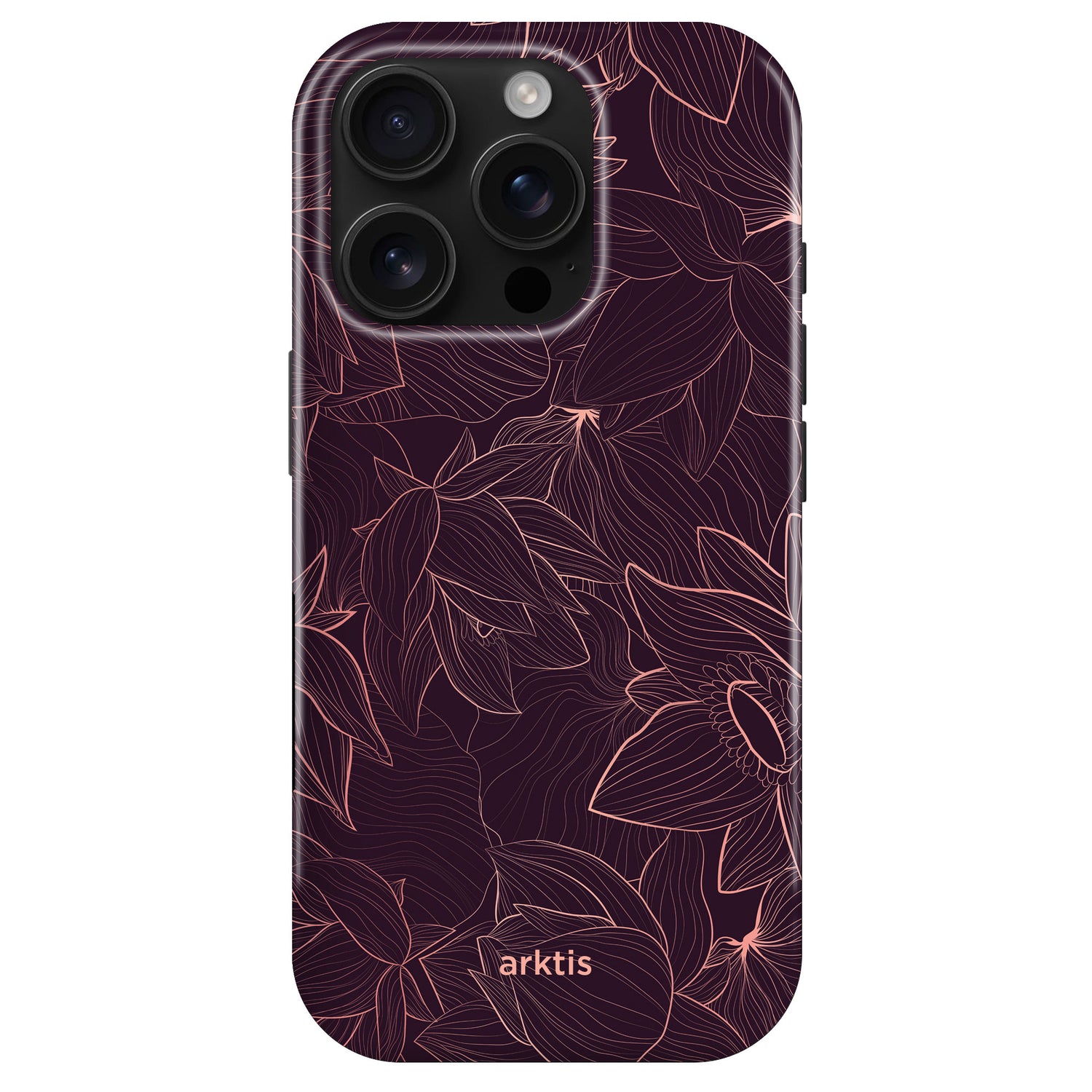 Das arktis iPhone 16 Pro Max Fashion Case – Floral Beauty verfügt über ein dunkles Blumendesign, ist aus strapazierfähigem Polycarbonat und TPU-Silikon gefertigt und zeigt unten das arktis-Logo.