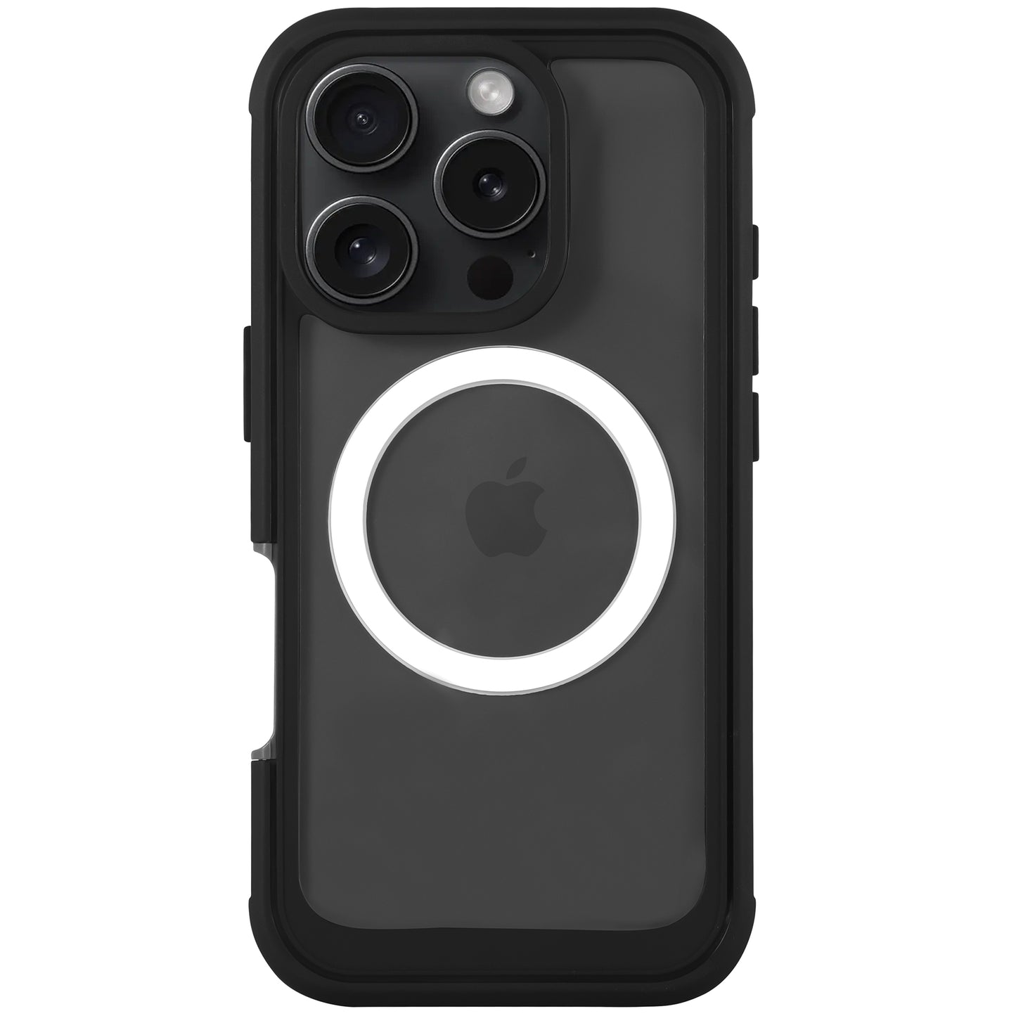 Das arktis iPhone 16 Pro Defender Case von arktis bietet robusten 360-Grad-Schutz für Ihr Gerät und verfügt über einen kreisförmigen MagSafe-Ring, der auf der Rückseite sichtbar ist.