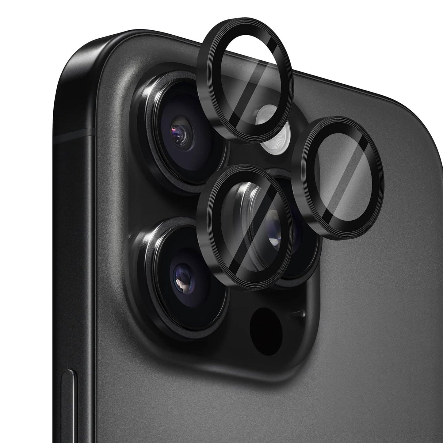 Nahaufnahme des Arktis arktis iPhone 16 Pro Max-Objektivschutzes mit Aluminiumringen, die über den Kameraobjektiven angebracht sind.