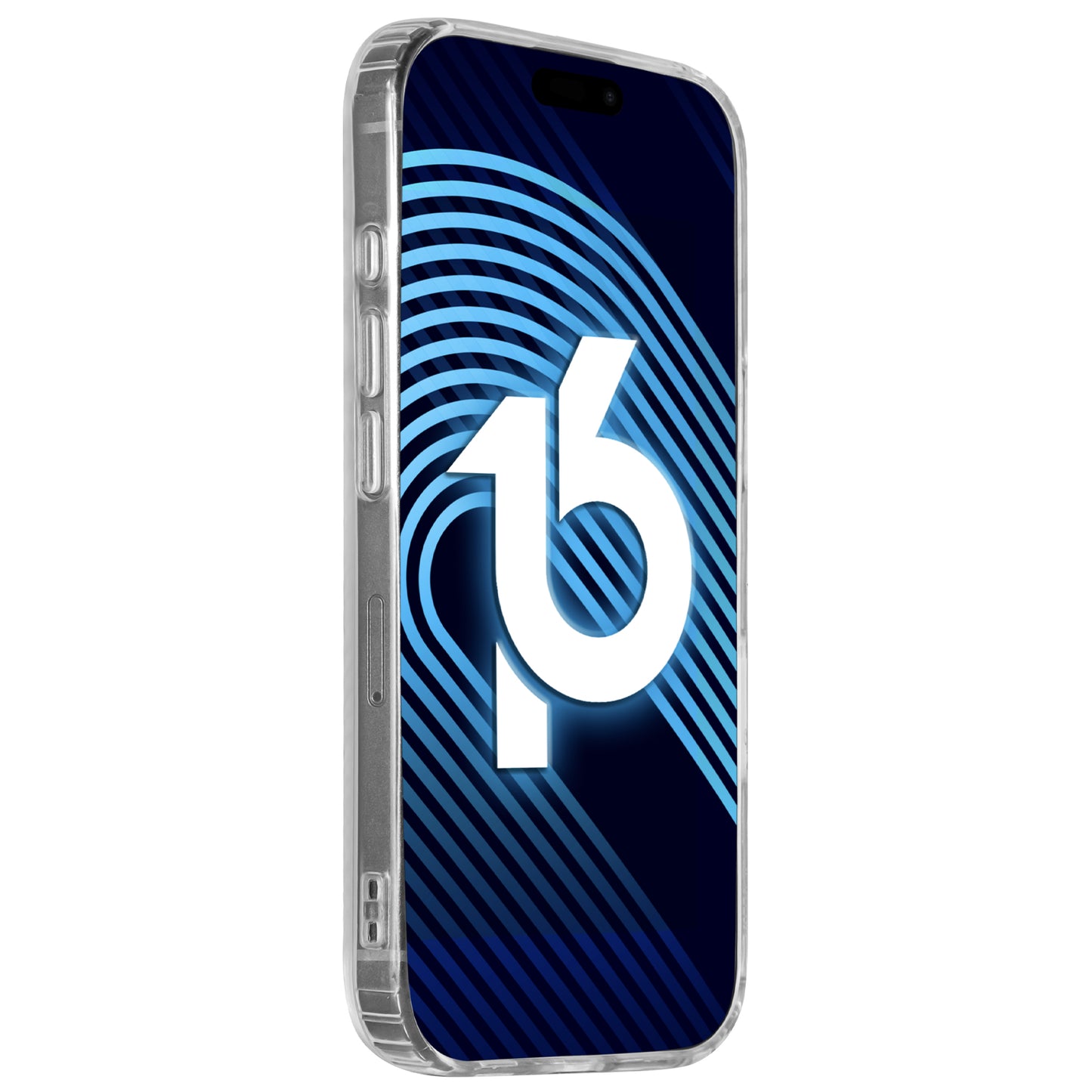 Das arktis iPhone 16 Pro Max Air Case mit MagSafe von arktis wird schräg auf einem Smartphone dargestellt. Das Display zeigt eine stilisierte weiße „16“ und ein kreisförmiges Motiv auf blauem Hintergrund mit diagonalen hellblauen Linien. Das Case ist transparent und stoßfest.