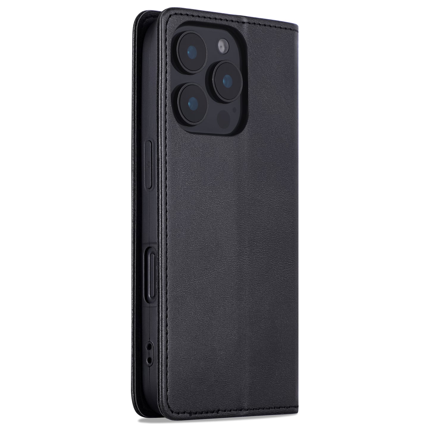 Das arktis iPhone 16 Pro Max Book Case von arktis ist eine schwarze Kunstleder-Telefonhülle mit Klappe, die für Modelle mit Dreifachkamera entwickelt wurde und über eine flexible TPU-Silikon-Innenseite für zusätzlichen Schutz verfügt.