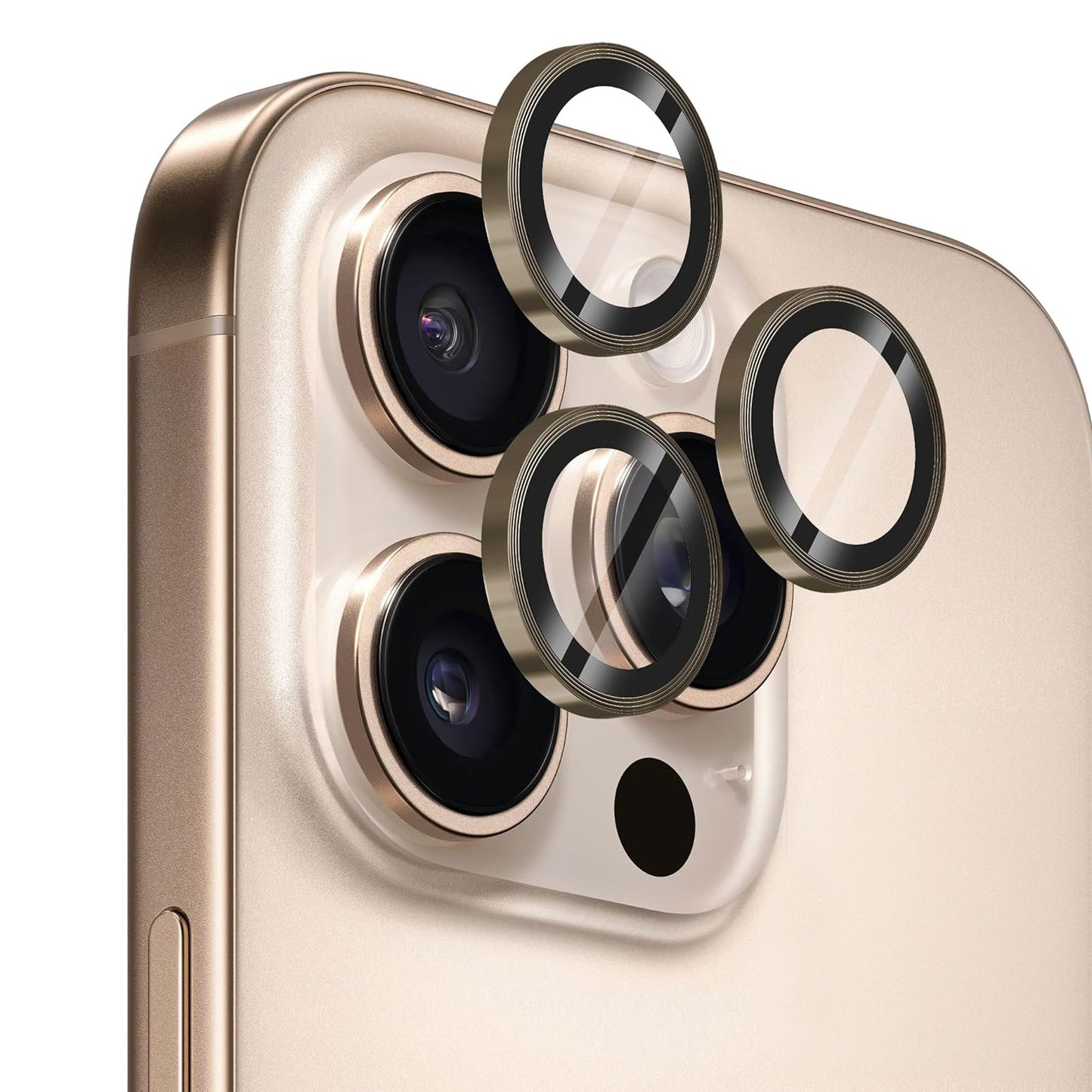 Nahaufnahme des arktis iPhone 16 Pro Max-Objektivschutzes von Arktis mit drei Aluminiumringen, die über den Linsen schweben und zur einfachen Befestigung bereit sind.