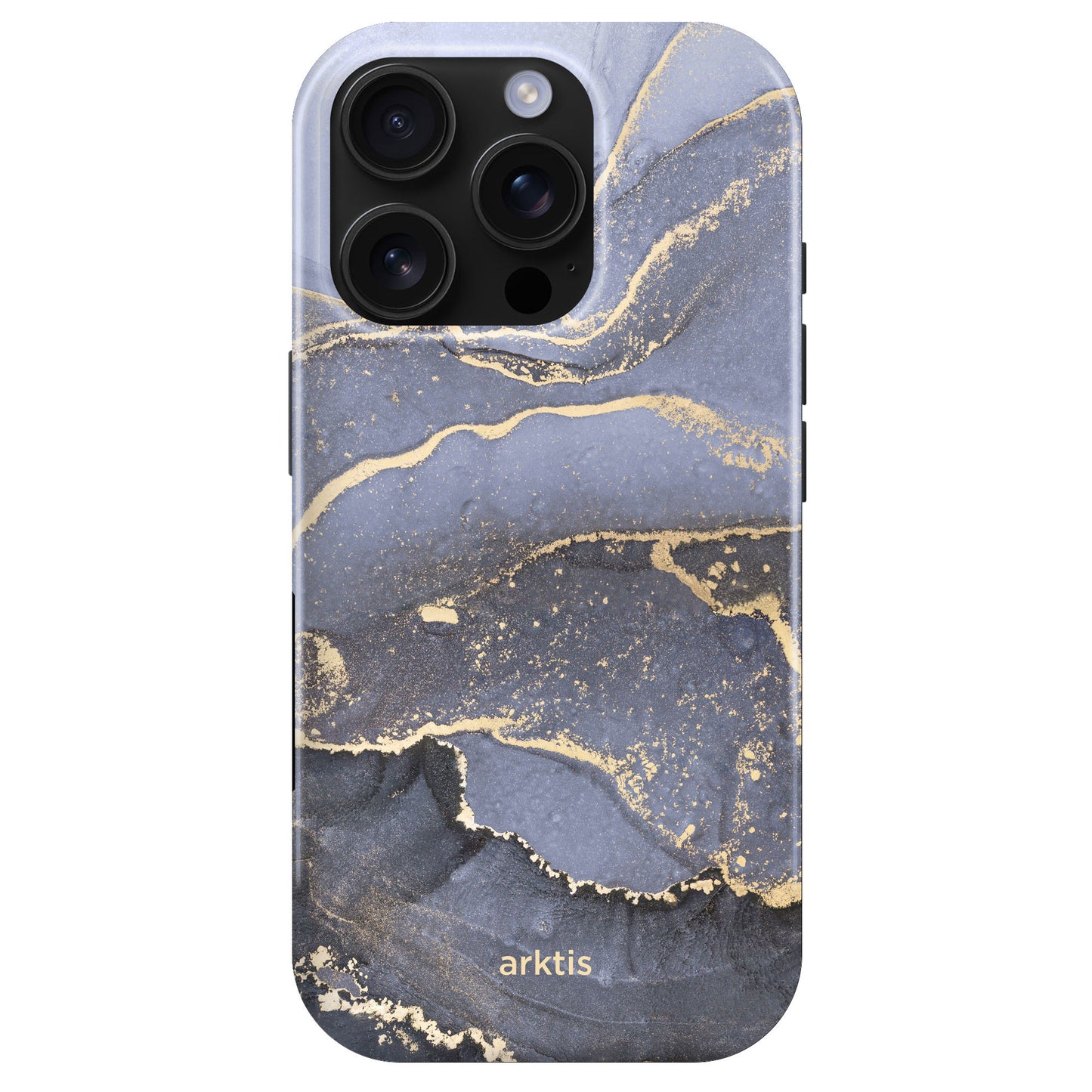 Das arktis iPhone 16 Pro Fashion Case – Dusty Marble verfügt über ein blau-goldenes Marmordesign, besteht aus robustem Polycarbonat und stoßdämpfendem TPU-Silikon und trägt das arktis-Logo an der Unterseite.
