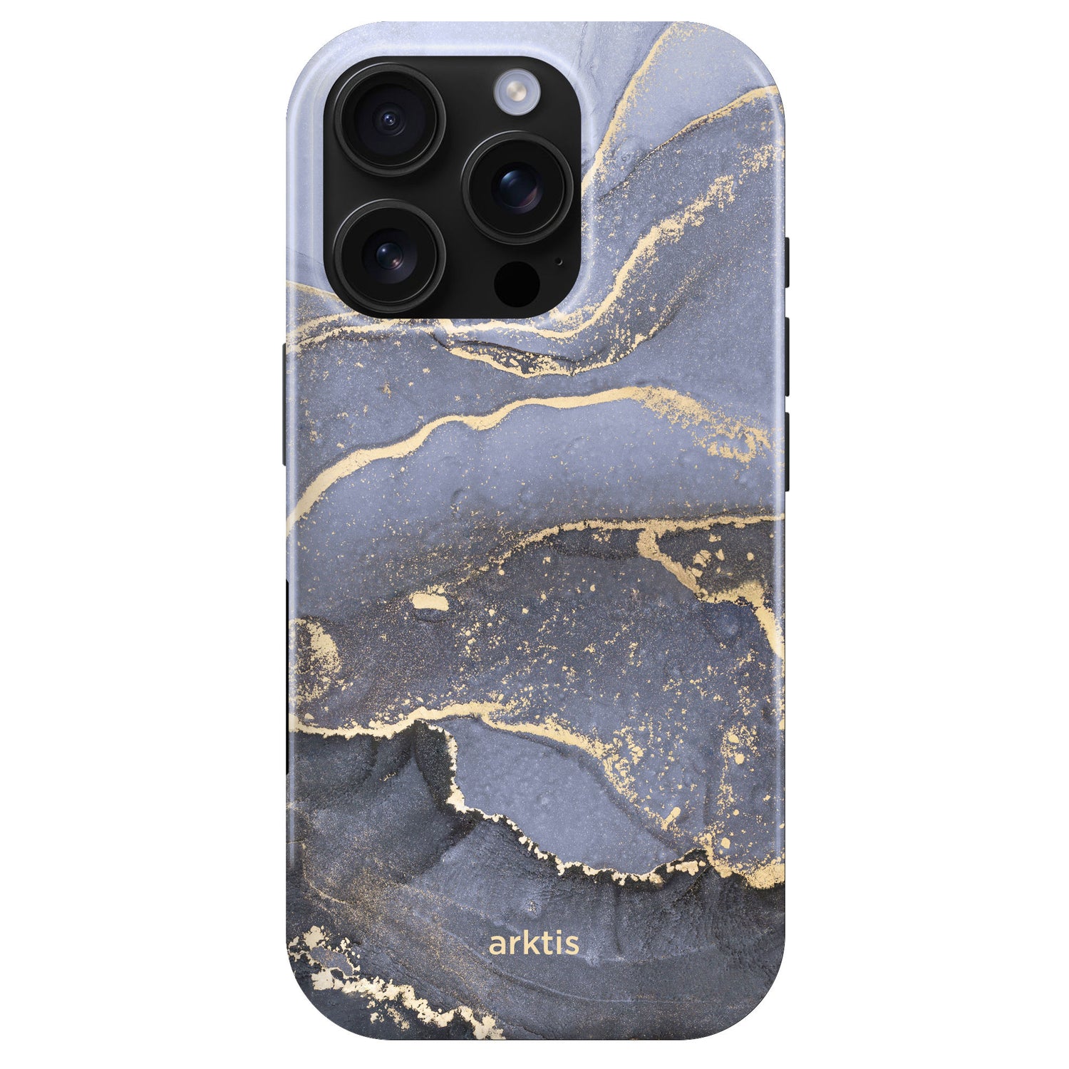 Das arktis iPhone 16 Pro Fashion Case – Dusty Marble verfügt über ein blau-goldenes Marmordesign, besteht aus robustem Polycarbonat und stoßdämpfendem TPU-Silikon und trägt das arktis-Logo an der Unterseite.