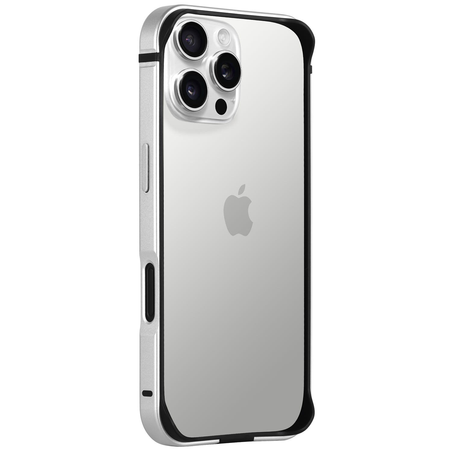 Ein silbernes iPhone im arktis iPhone Air Bumper von arktis, einer durchsichtigen, ultraleichten TPU-Silikonhülle, die Stöße absorbiert und gleichzeitig das Apple-Logo und die drei rückseitigen Kameras anzeigt.