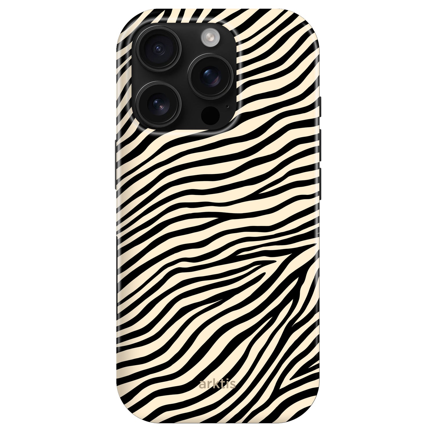Das arktis iPhone 16 Pro Max Fashion Case – Zebra verfügt über ein schwarz-weißes Zebrastreifenmuster auf cremefarbenem Hintergrund und besteht aus strapazierfähigem Polycarbonat und flexiblem TPU-Silikon.