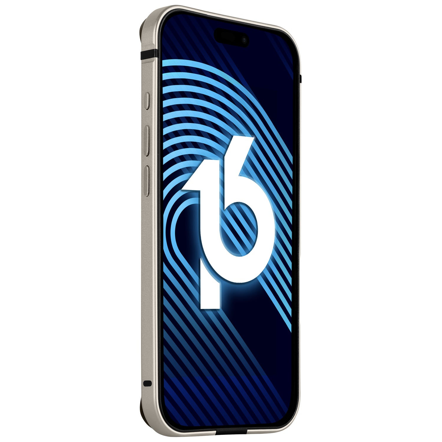 Der arktis iPhone 16 Pro Bumper von arktis schützt ein Smartphone mit sichtbaren Seitentasten und einem Metallrahmen, der aus einer schrägen Ansicht gezeigt wird und einen blauen Bildschirm mit der Nummer 16 und einem kreisförmigen Design im Hintergrund zeigt.