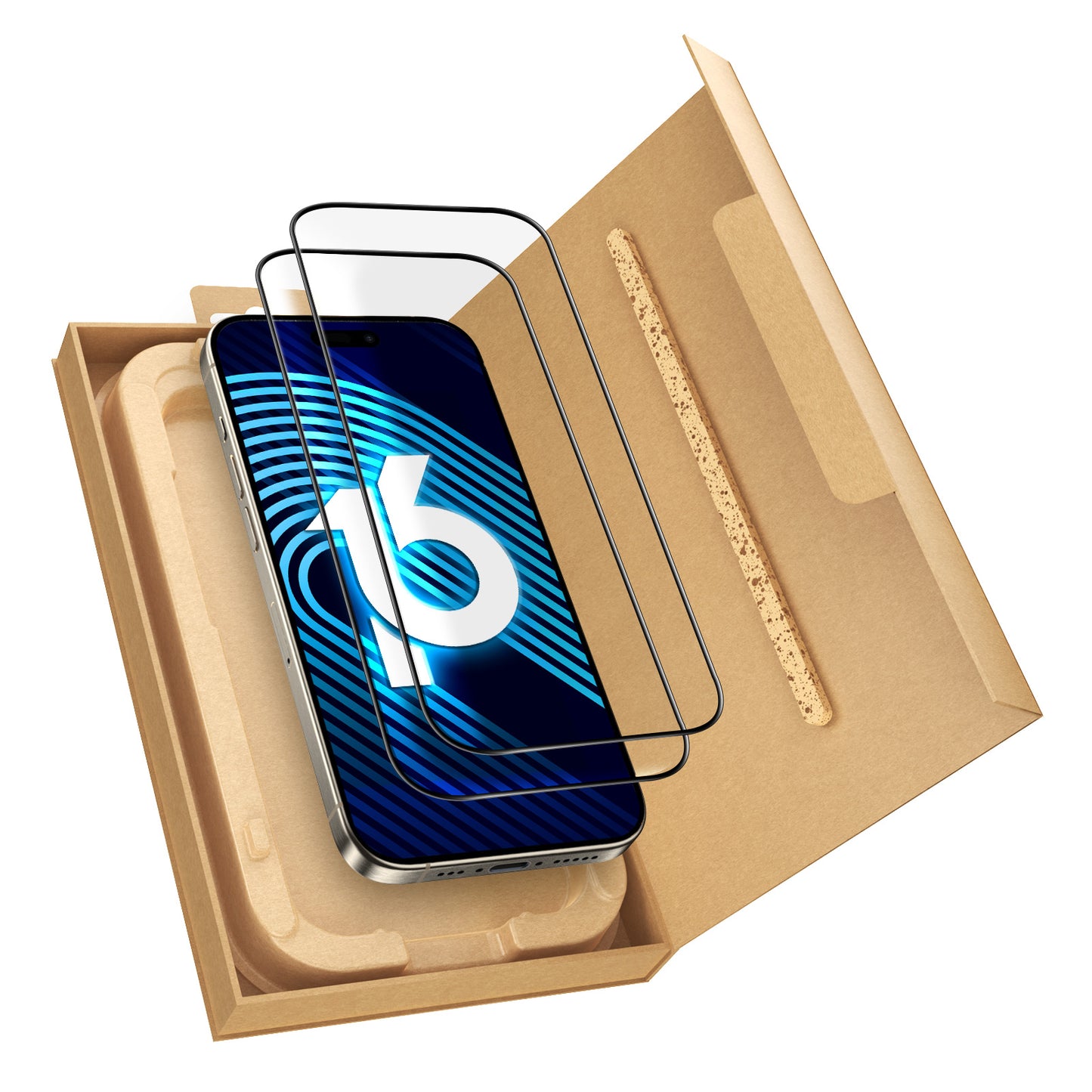 Ein iPhone mit der Nummer 16 auf dem Display liegt in einer EZ.INSTALL-Box. Darüber befinden sich zwei arktis 2er Set iPhone 16 Pro REVOLUTION Glas-Displayschutzfolien, abgebildet in einer umweltfreundlichen Verpackung von arktis.