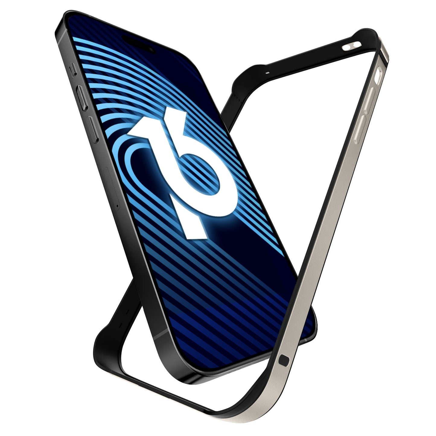 Ein arktis iPhone 16 Pro Bumper von arktis mit stoßdämpfendem Metallrahmen wird neben einem Smartphone angezeigt, das einen blau gestreiften Bildschirm mit einem weißen Logo mit kleinem b auf weißem Hintergrund zeigt.