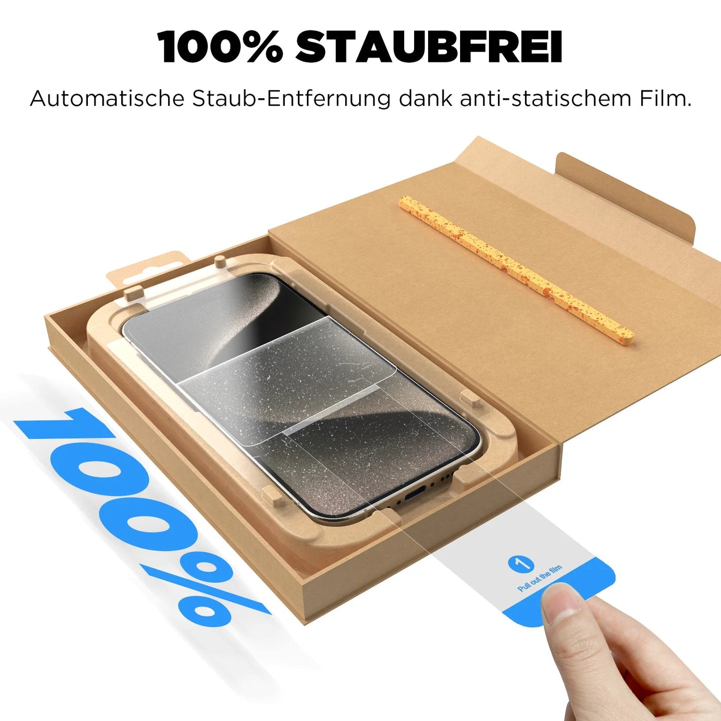 Ein arktis 2er Set iPhone 14 Plus REVOLUTION Glas-Displayschutz wird staubfrei mit einem Montagewerkzeug angebracht, verpackt in einer EZ.INSTALL Box.