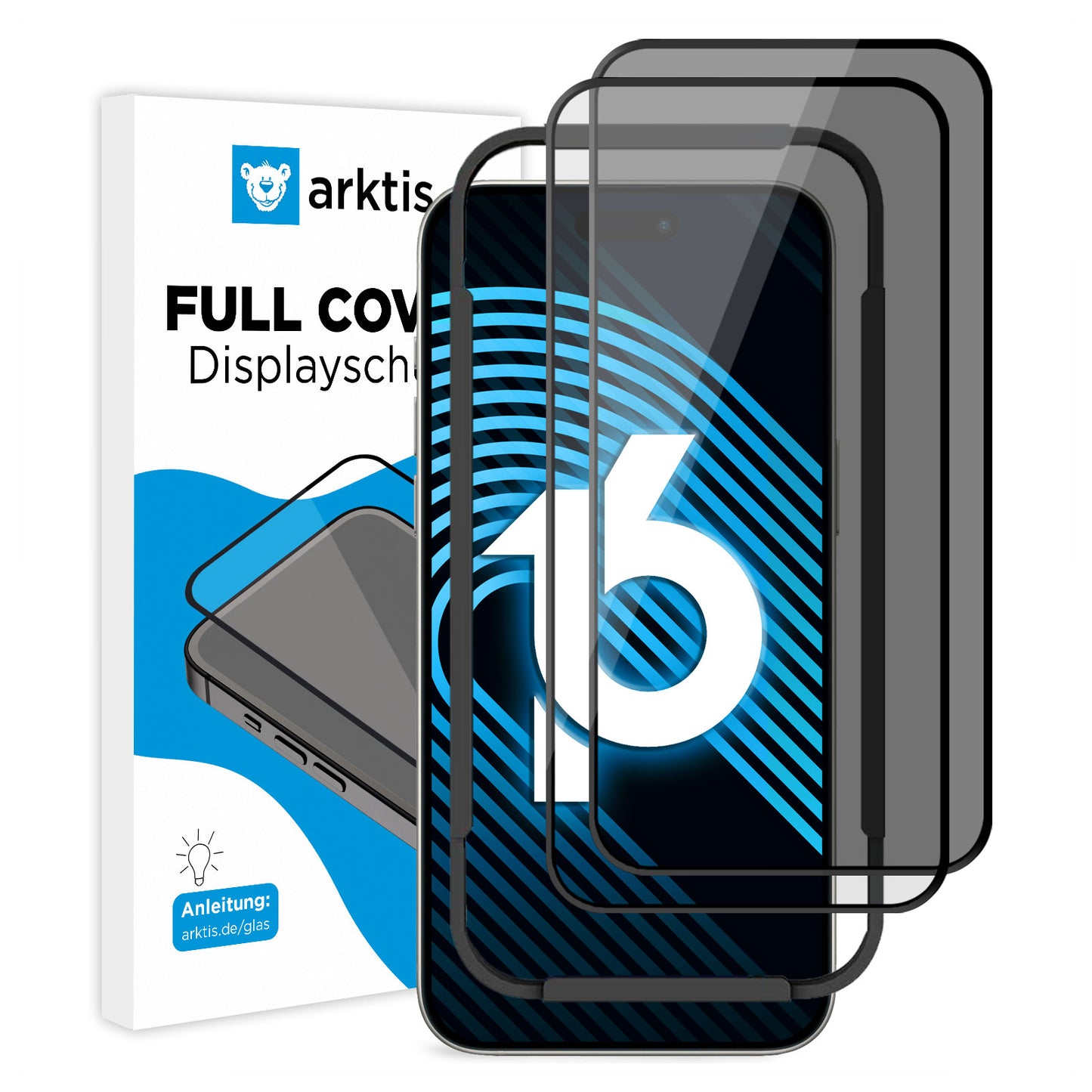 Ein Bild zeigt zwei arktis iPhone 16 Pro PRIVACY Displayschutz GLAS-Displayschutzfolien, ein Smartphone mit der Aufschrift „16“ und eine blau-weiße arktis FULL COVER Displayschutz-Box mit einem Anweisungssymbol.