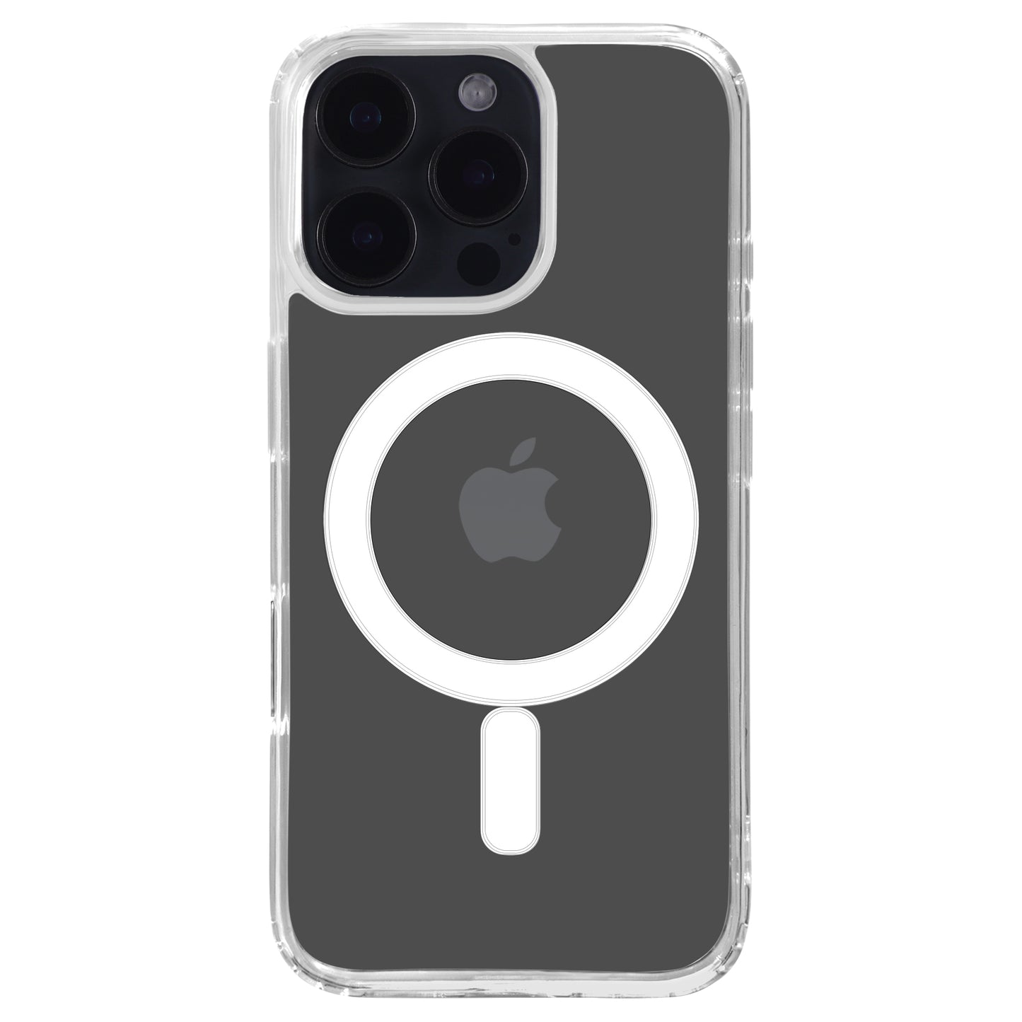 Das arktis iPhone 16 Pro Max Air Case mit MagSafe ist eine transparente, stoßfeste Hülle für ein schwarzes iPhone mit einem weißen MagSafe-kompatiblen Ring und dem auf der Rückseite sichtbaren Apple-Logo.