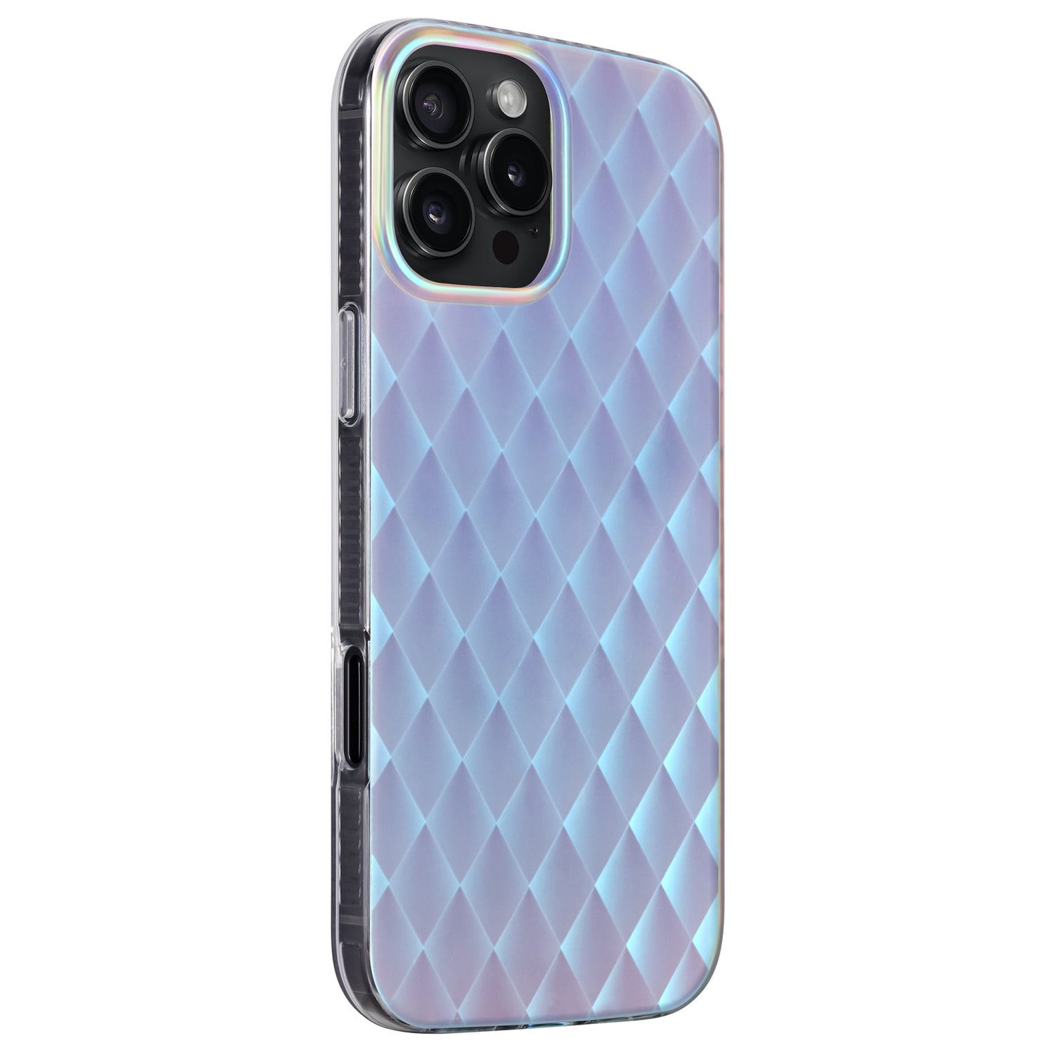 Arktis iPhone 16 Pro Hülle "Pearl": Schillernde gesteppte TPU-Silikonhülle im Perlmutt-Style von arktis, abgebildet auf einem Smartphone von hinten und seitlich vor weißem Hintergrund.