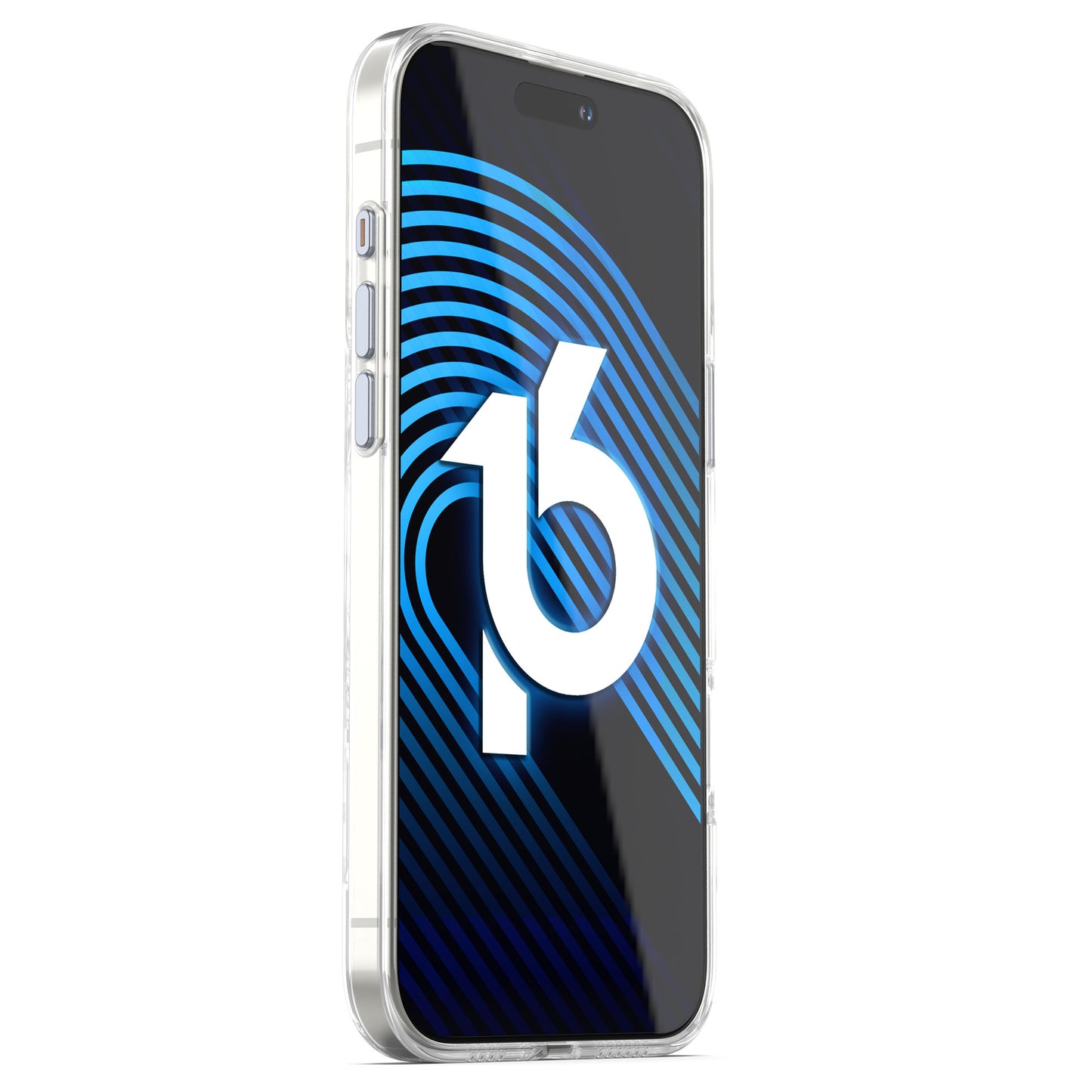 Ein Smartphone mit einem arktis iPhone Air Clear Case mit MagSafe zeigt auf dem Display eine blau-weiße Grafik mit der Nummer 16.