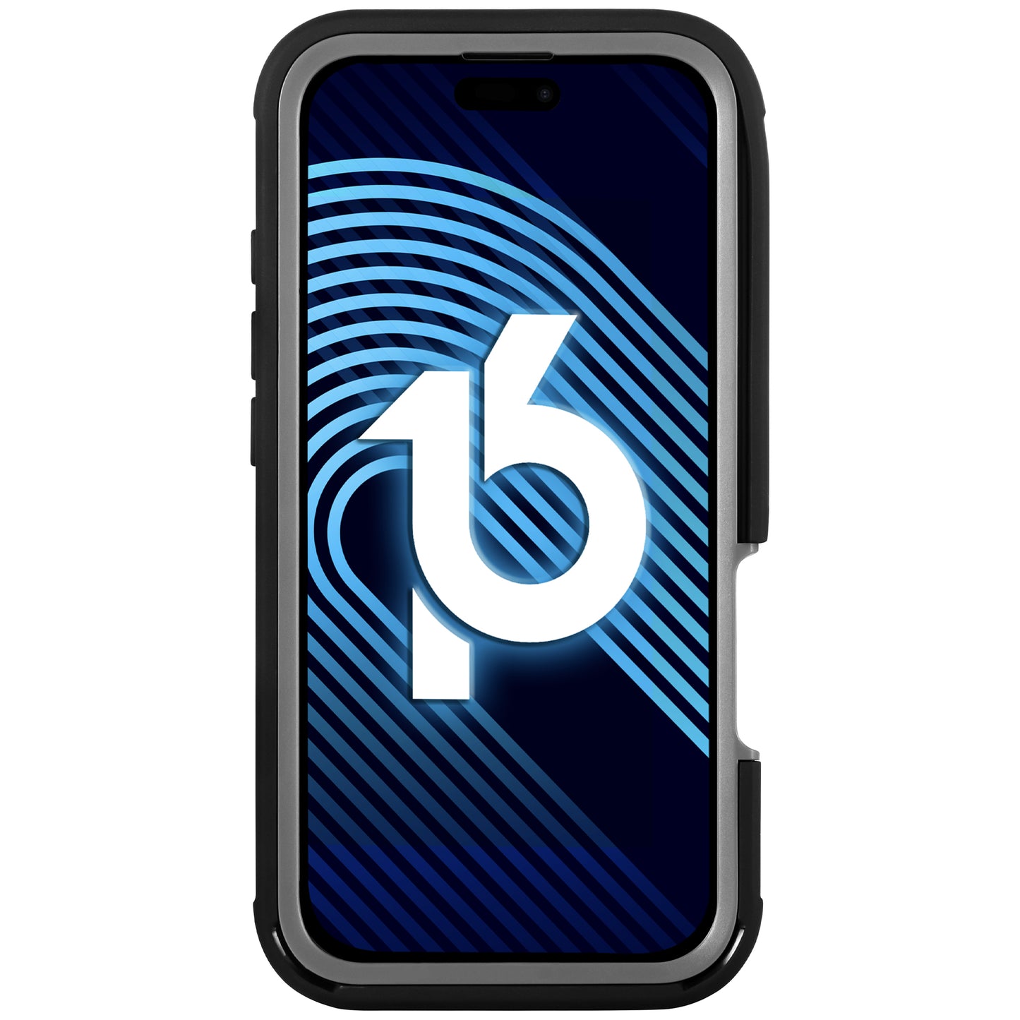 Eine arktis iPhone 16 Pro Defender Hülle in Schwarz schützt ein Smartphone, das eine leuchtende 16 auf einem blau gestreiften Hintergrund anzeigt.
