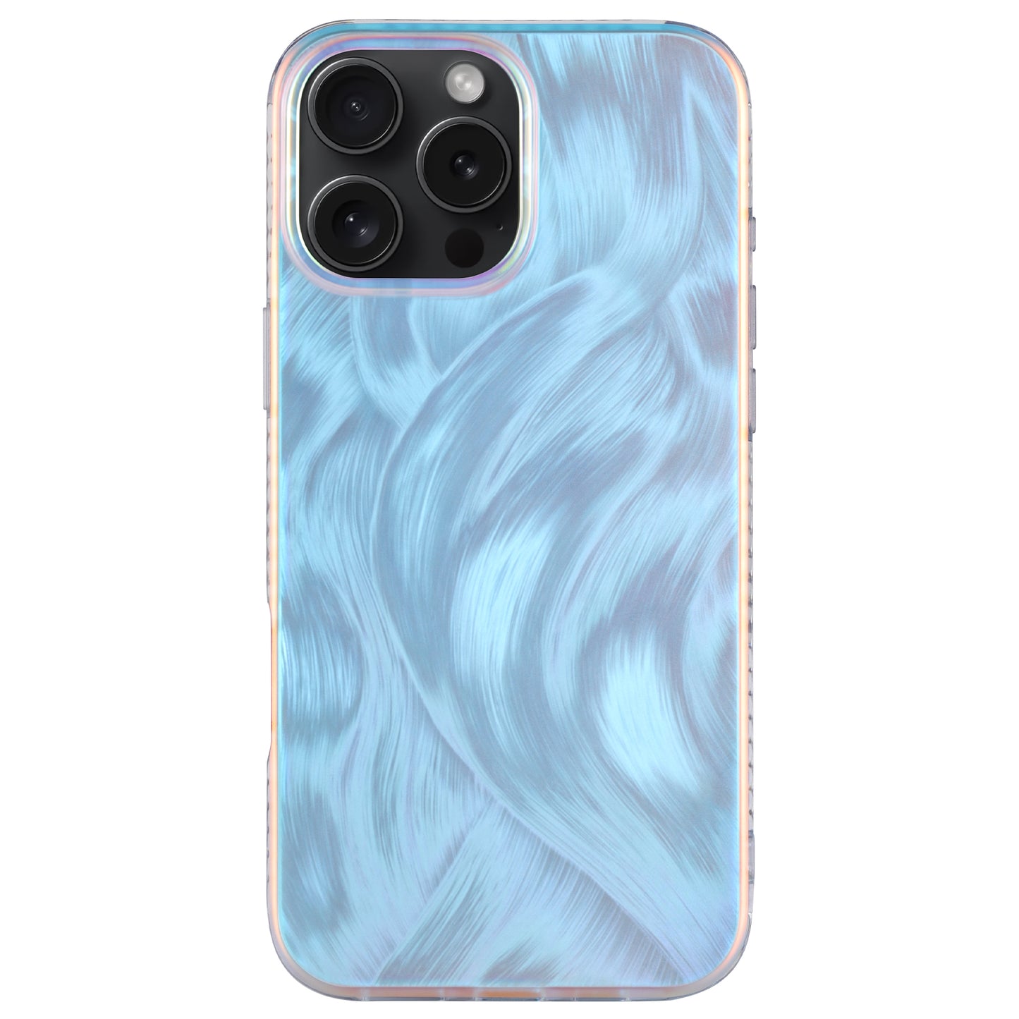 Die arktis iPhone 16 Pro Hülle „Pearl“ verfügt über ein blau schillerndes, gewirbeltes Design im Perlmutt-Stil mit präzisen Aussparungen für drei Kameras und ist aus strapazierfähigem TPU-Silikon gefertigt.