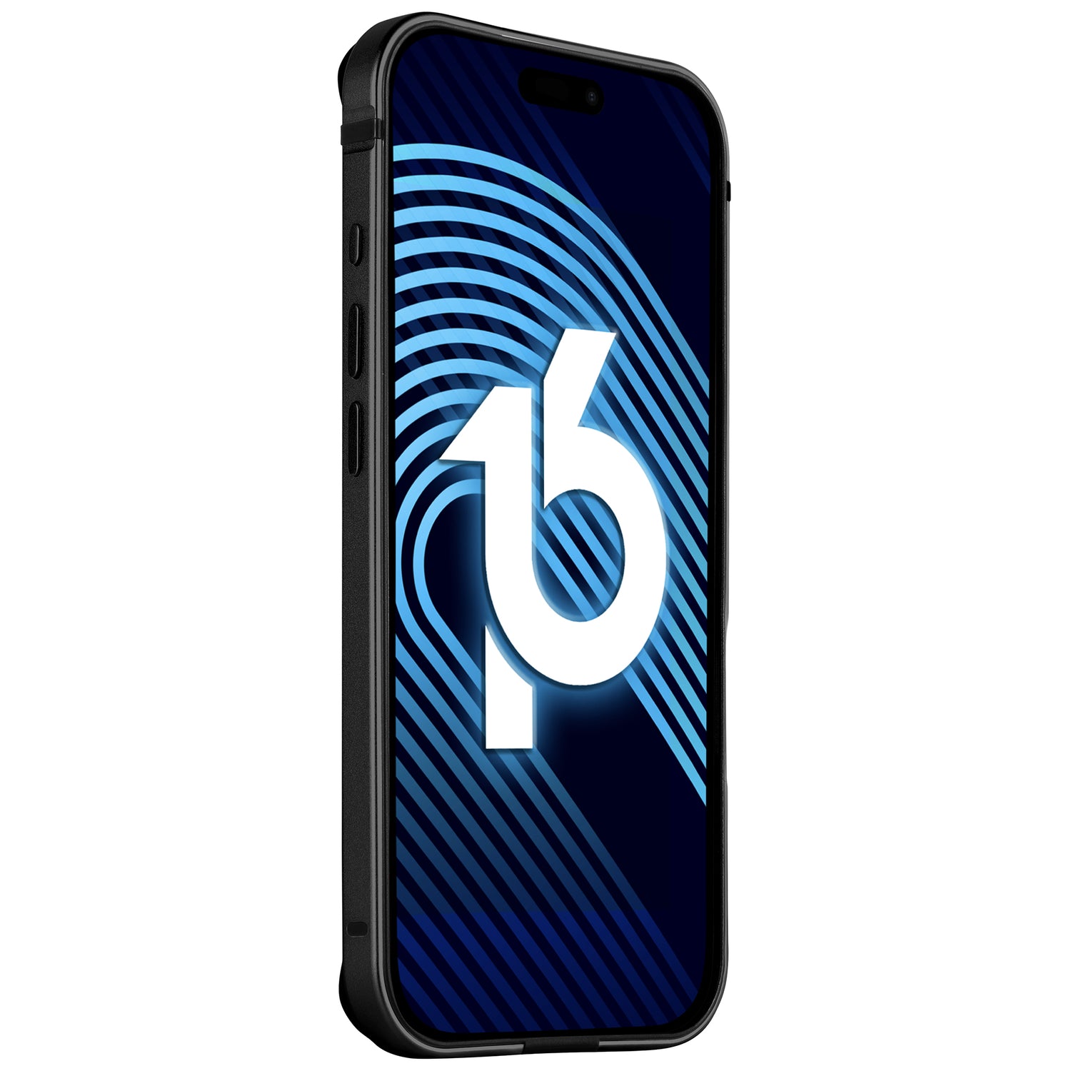 Der arktis iPhone Air Bumper von arktis ist auf einem schwarzen Smartphone mit blauem abstraktem 16-Design abgebildet. Der ultraleichte, stoßabsorbierende TPU-Silikon-Bumper ist perfekt auf das iPhone zugeschnitten.