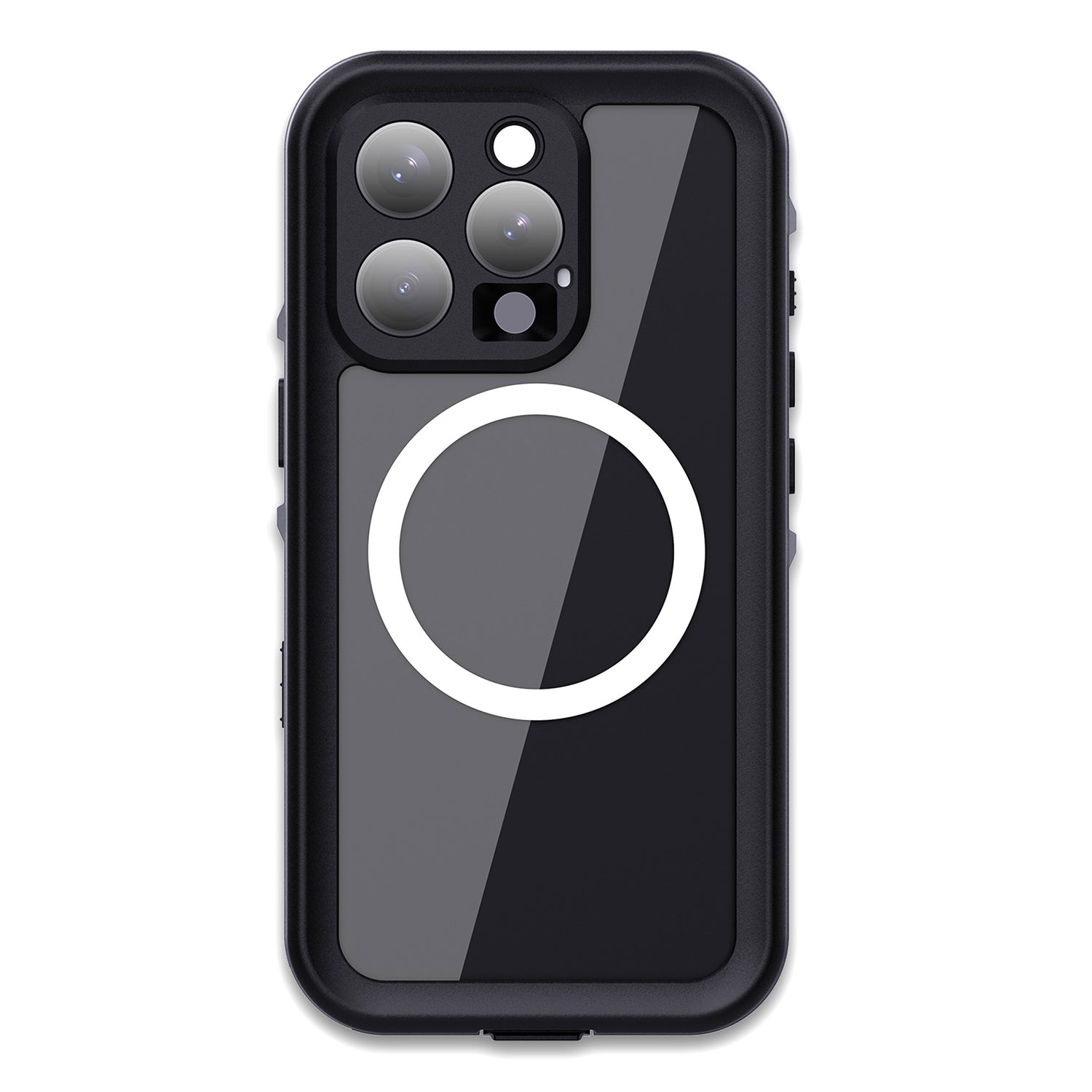 Das arktis iPhone 16 Pro Wasserdichtes Actioncase von arktis ist eine schwarze, stoßfeste Hülle mit glänzender Oberfläche, einem runden weißen MagSafe-Ring auf der Rückseite und drei Kameraobjektiven in der oberen linken Ecke.