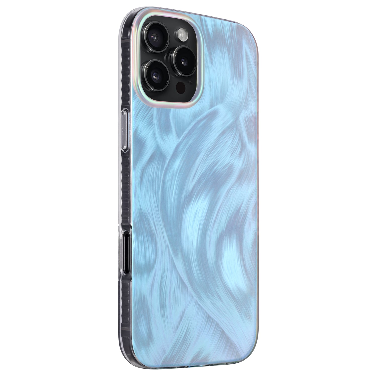 Die arktis iPhone 16 Pro Hülle „Pearl“ von arktis verfügt über ein blau gewirbeltes TPU-Silikon-Design im Perlmutt-Stil und dreifache Rückkameras, die aus einer schrägen Rückansicht gezeigt werden.