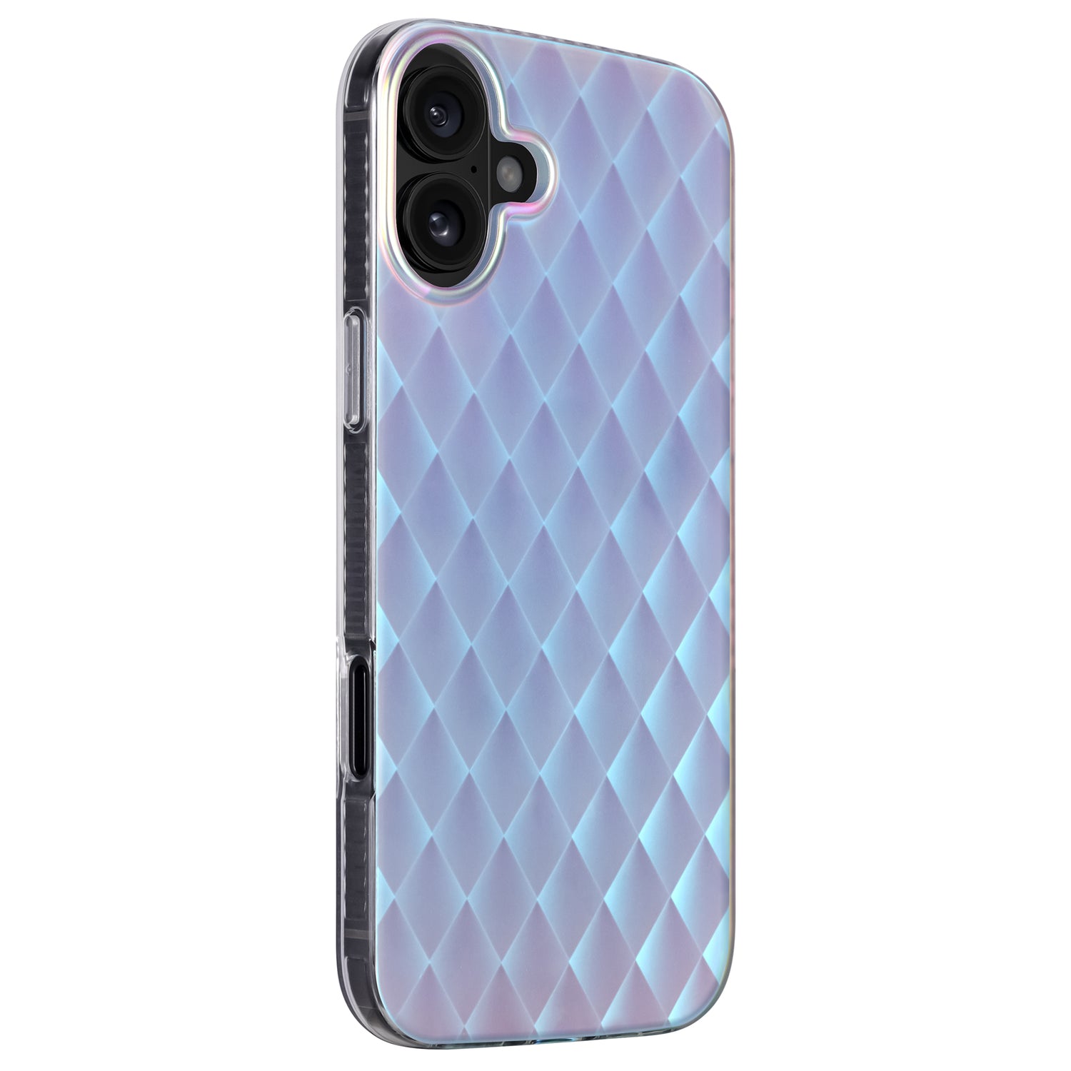 Die arktis iPhone 16 Plus Hülle „Pearl“ von arktis verfügt über ein rautenförmig gestepptes Perlmutt-Design, schräg dargestellt, mit stoßabsorbierendem TPU-Silikon für stilvollen Schutz.