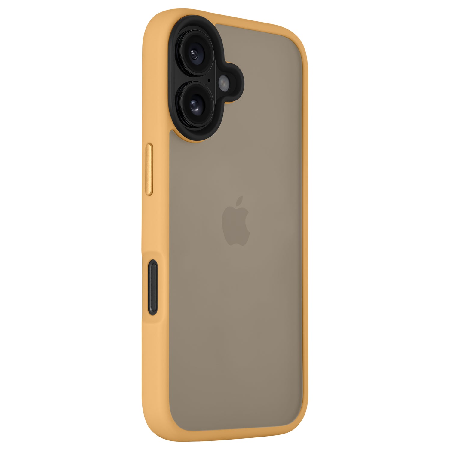 Das Arktis iPhone 16 Solid Case von Arktis zeigt ein Telefon mit transparenter Rückseite mit Apple-Logo, gelben Rändern und stoßdämpfendem TPU-Silikon sowie präzisen Aussparungen für Tasten, Kamera und Anschlüsse.
