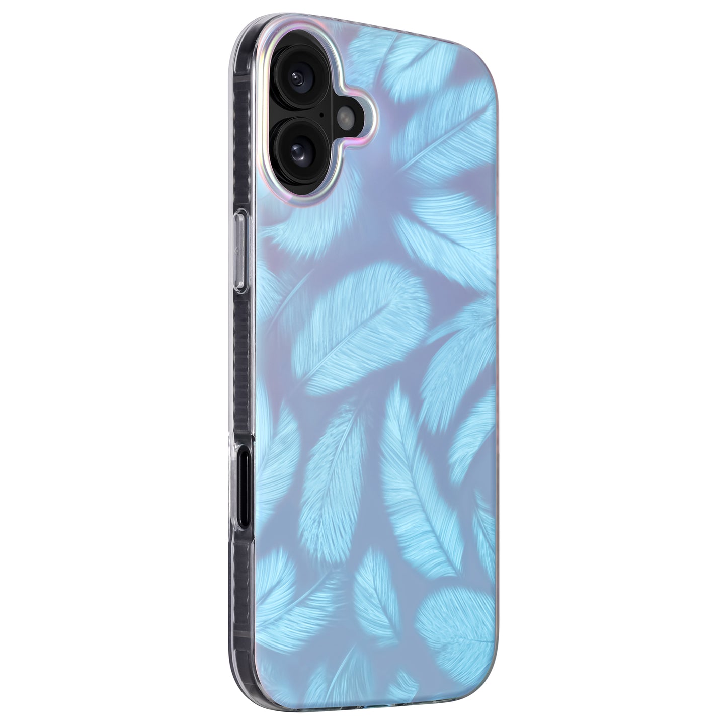 Die arktis iPhone 16 Hülle „Pearl“ von arktis besticht mit glänzendem Perlmutt-Look und dem hellblauen Federnmuster auf reflektierendem TPU-Silikon.