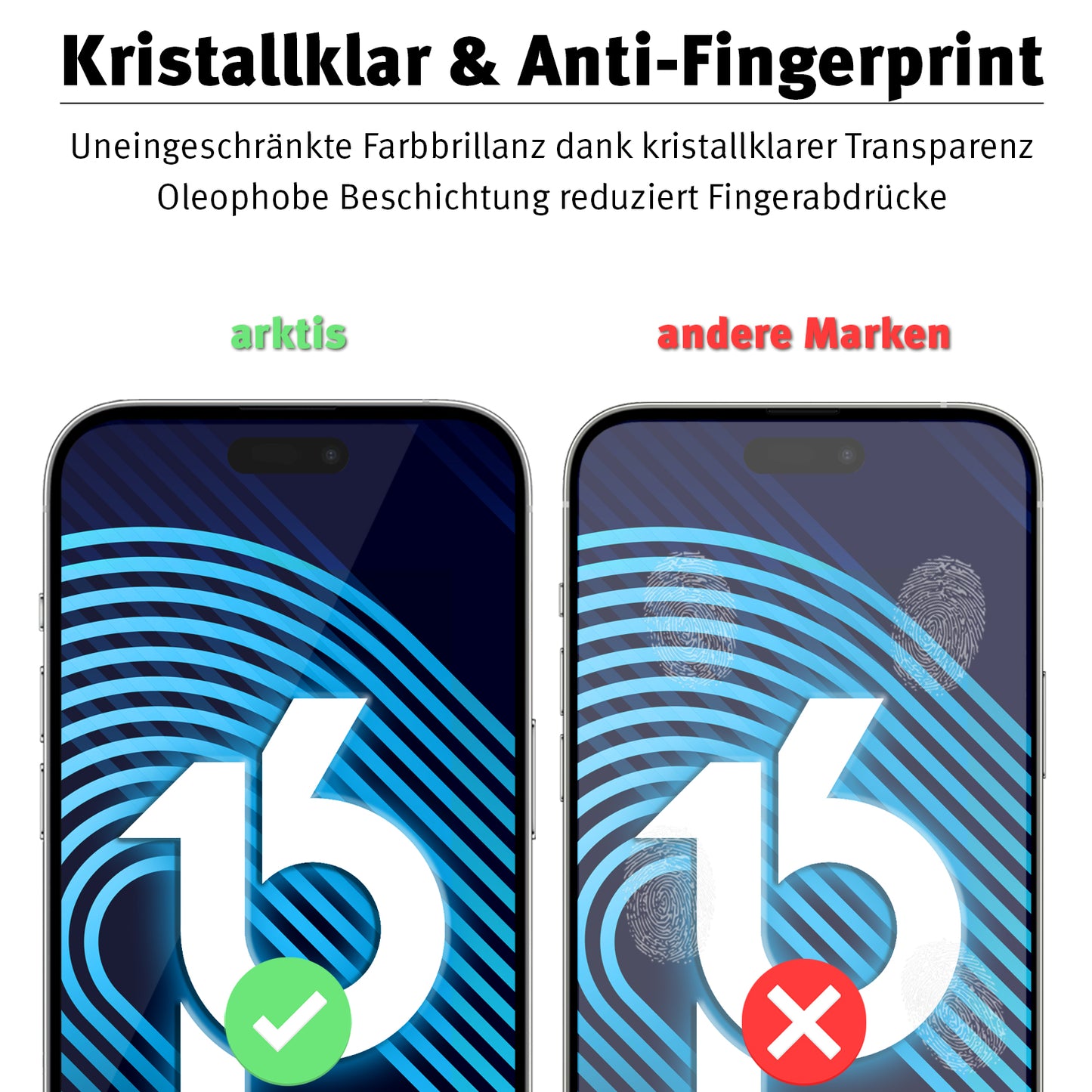Zwei Telefone: links mit klarem Bildschirm und Häkchen, rechts mit Fingerabdrücken und Kreuz; der Vergleichstext oben hebt die Vorteile des arktis iPhone 16 Pro Max Displayschutz GLAS – hüllenfreundlich hervor.