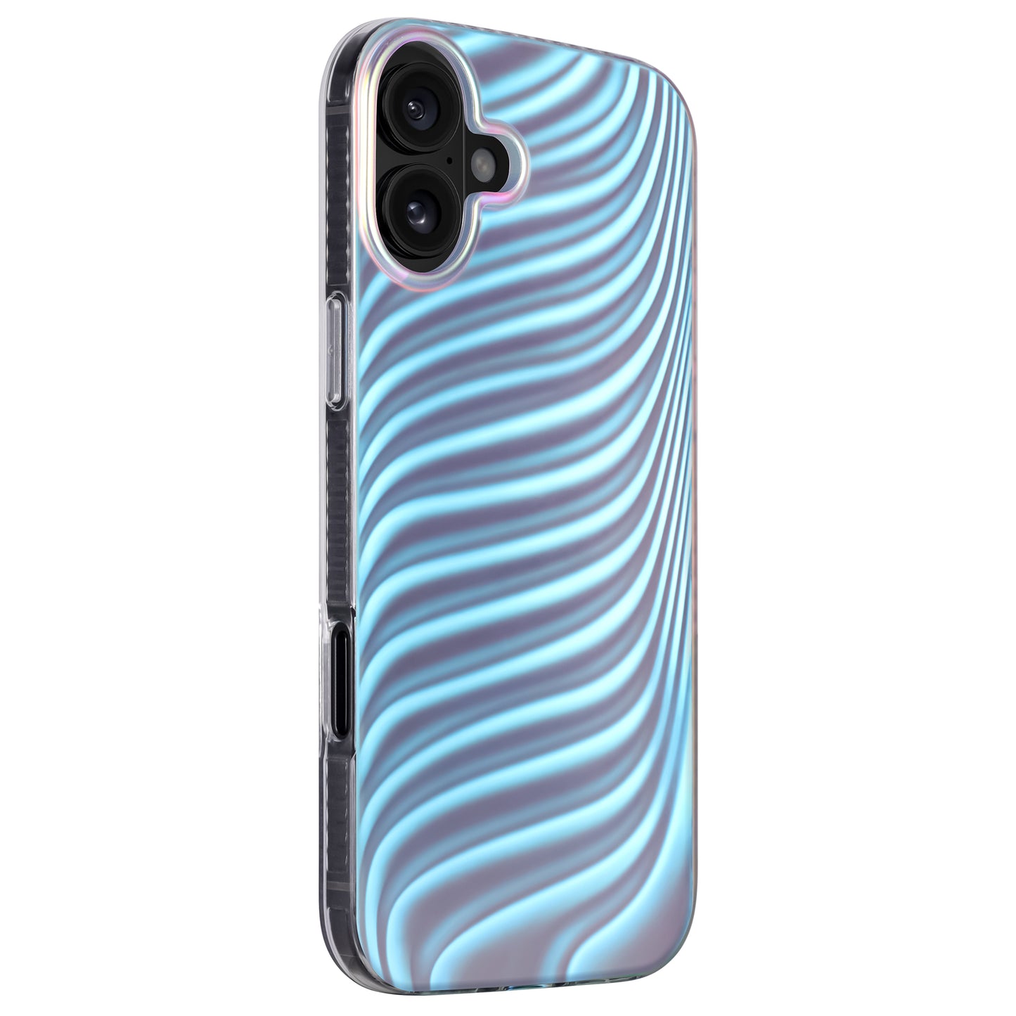 Die arktis iPhone 16 Hülle „Pearl“ von arktis besticht durch ein blau gewelltes, metallisches Perlmutt-Style-Design, ist aus TPU-Silikon gefertigt und von der Rückseite aus leicht schräg dargestellt.