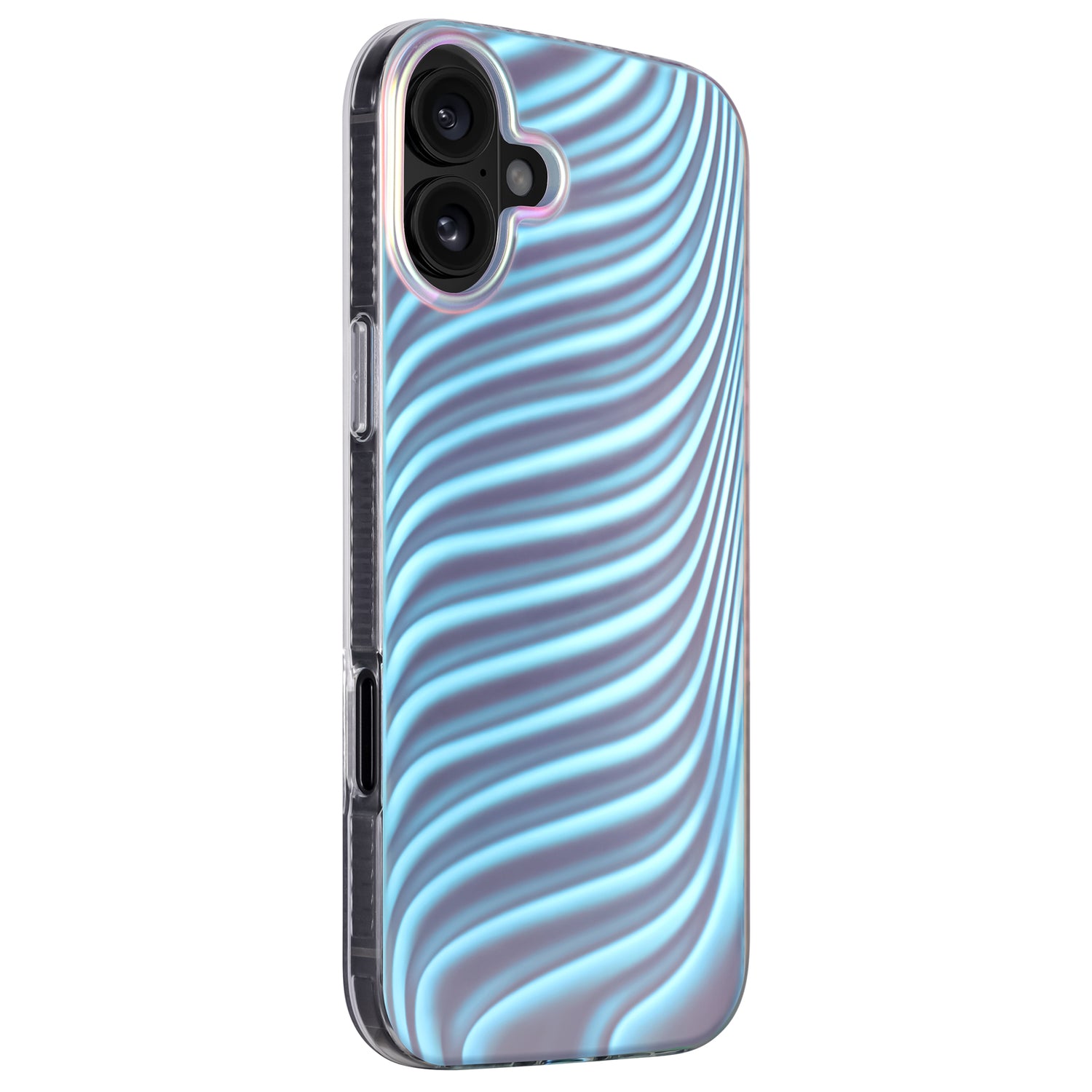 Die arktis iPhone 16 Hülle „Pearl“ von arktis besticht durch ein blau gewelltes, metallisches Perlmutt-Style-Design, ist aus TPU-Silikon gefertigt und von der Rückseite aus leicht schräg dargestellt.