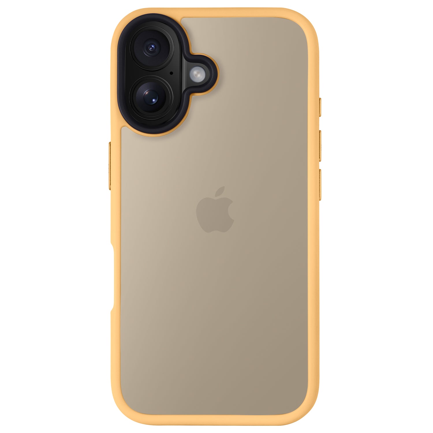 Das Arktis arktis iPhone 16 Solid Case, ein durchsichtiges Gehäuse mit gelbem Stoßfänger und Rückseite aus Polycarbonat, ist auf einem iPhone 16 abgebildet. Das Apple-Logo bleibt sichtbar und die Doppelkameraobjektive befinden sich in der oberen linken Ecke.