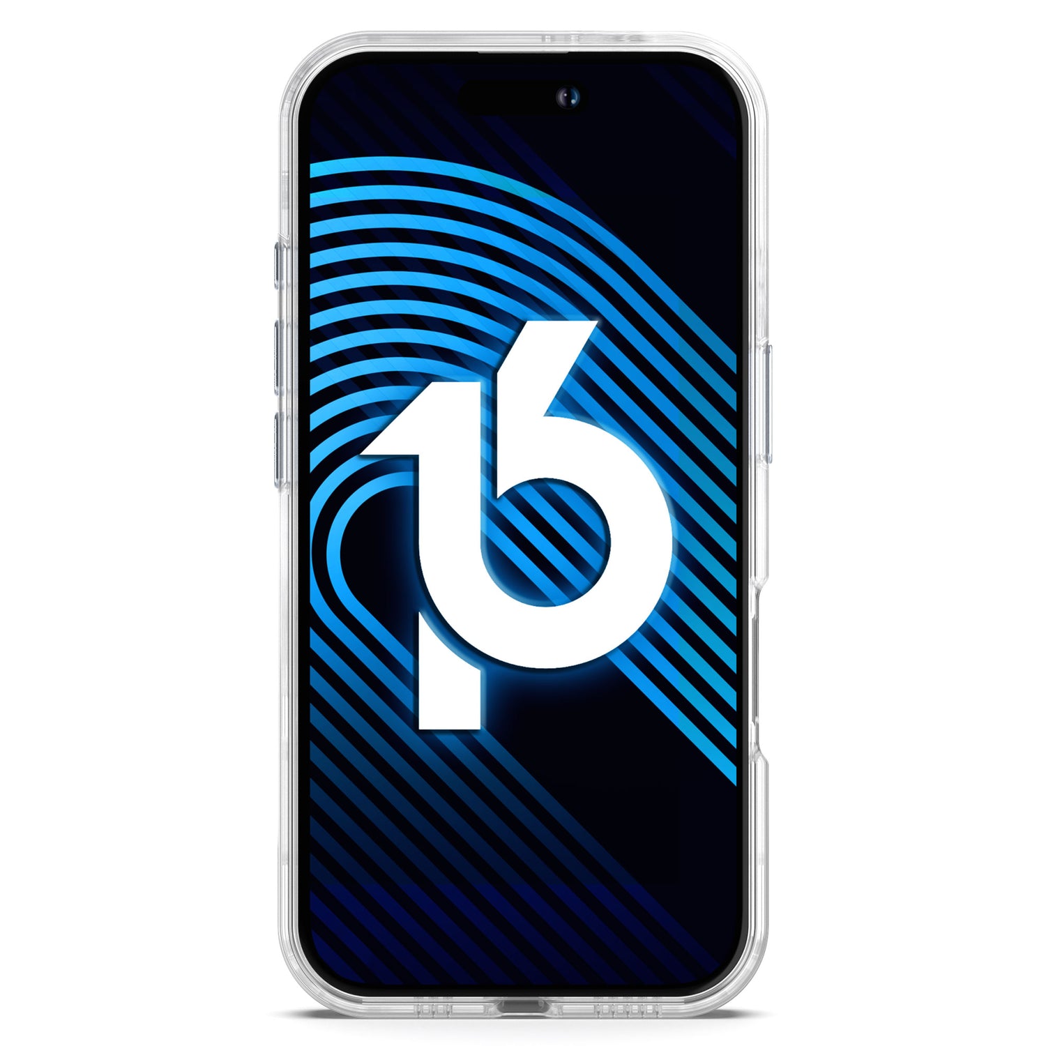 Das arktis iPhone 16 Clear Case mit MagSafe von arktis zeigt ein Smartphone mit einem blau-schwarzen abstrakten Hintergrund und einer großen weißen „16“ auf dem Bildschirm.