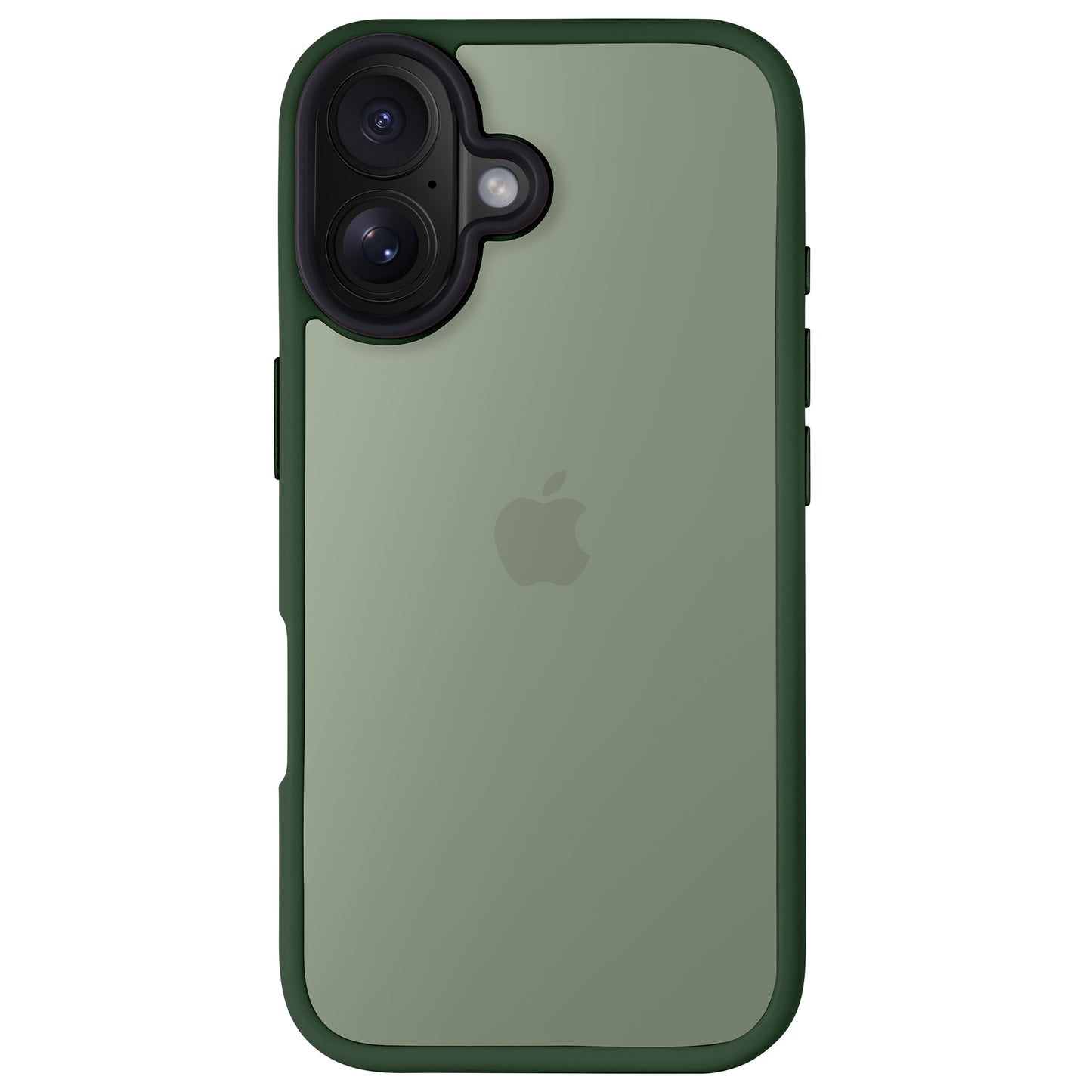 Ein grünes iPhone mit zwei Kameras und Apple-Logo, geschützt durch das Arktis iPhone 16 Solid Case – eine Hülle der Marke Arktis in minimalistischer, matter Optik aus stoßabsorbierendem TPU-Silikon.